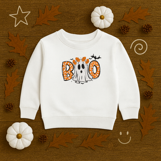 Kids BOO Halloween Embroidered Sweatshirt | Toddler & Youth Fall Crewneck | Spooky Season Outfit