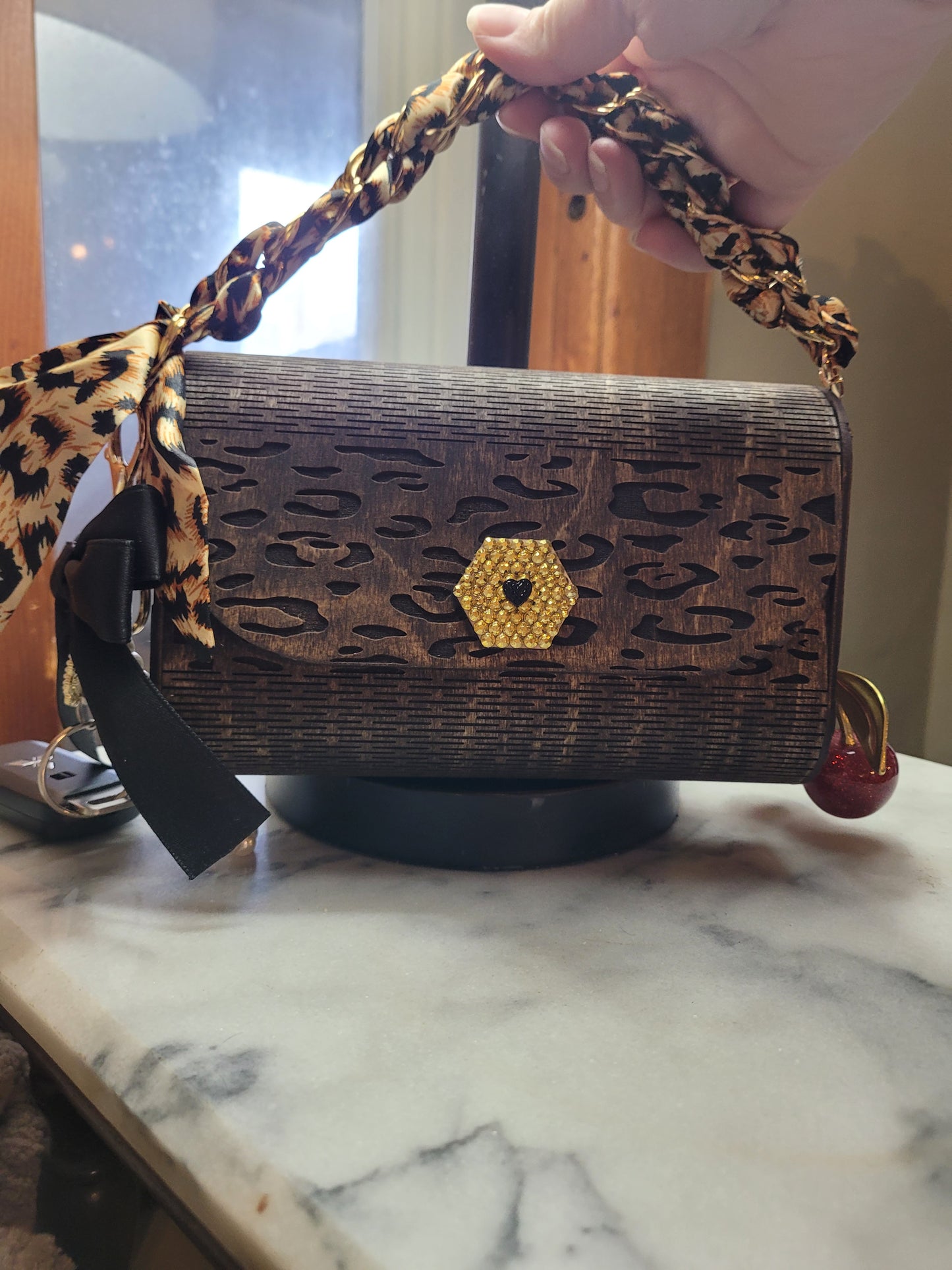 Leopard Print Wooden Clutch Purse – Handmade Wood Handbag with Gold Accent & Chain Strap