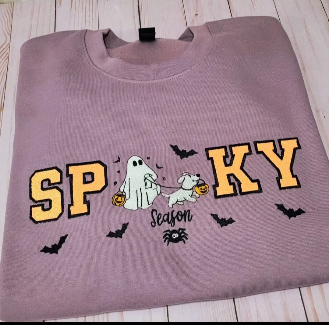 Spooky Season Embroidered Sweatshirt | Ghost & Dog Halloween Crewneck | Cozy Fall Pullover