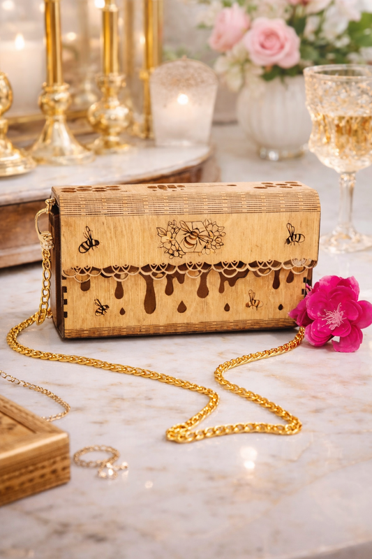 Wooden Engraved Bee Purse with Gold Chain Strap | Handmade Laser Engraved Clutch Bag
