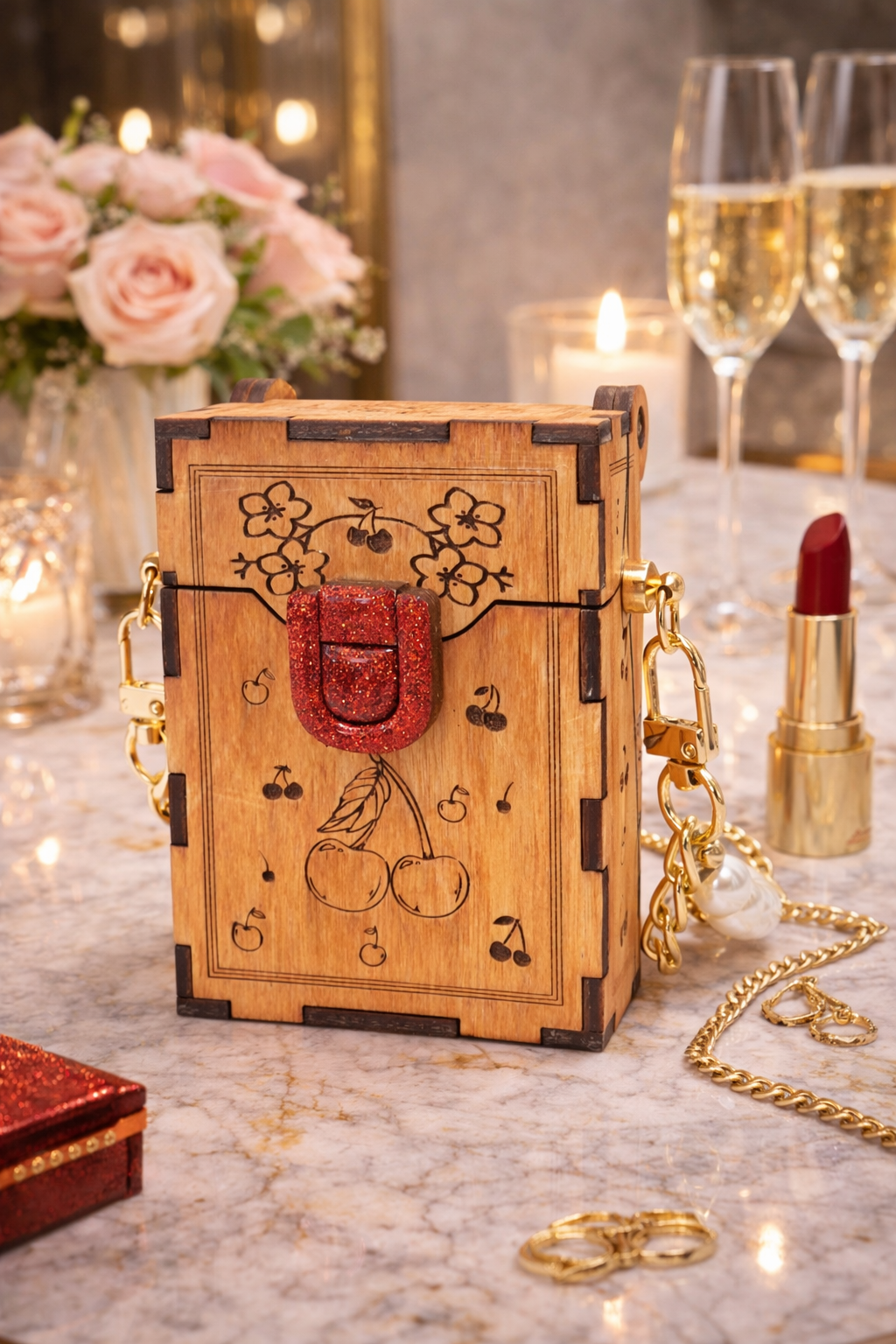Cherry Blossom Wooden Purse – Handmade Laser Engraved Clutch with Glitter Clasp