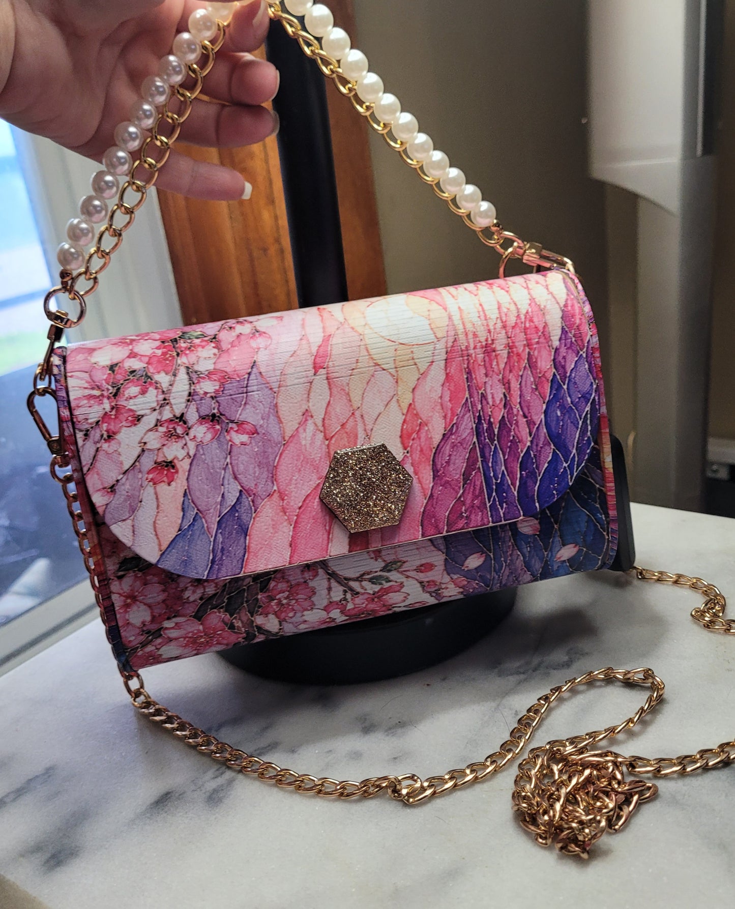 Cherry Blossom Boutique Wooden Crossbody Purse | Handmade Statement Bag | Gold Chain & Pearl Handle
