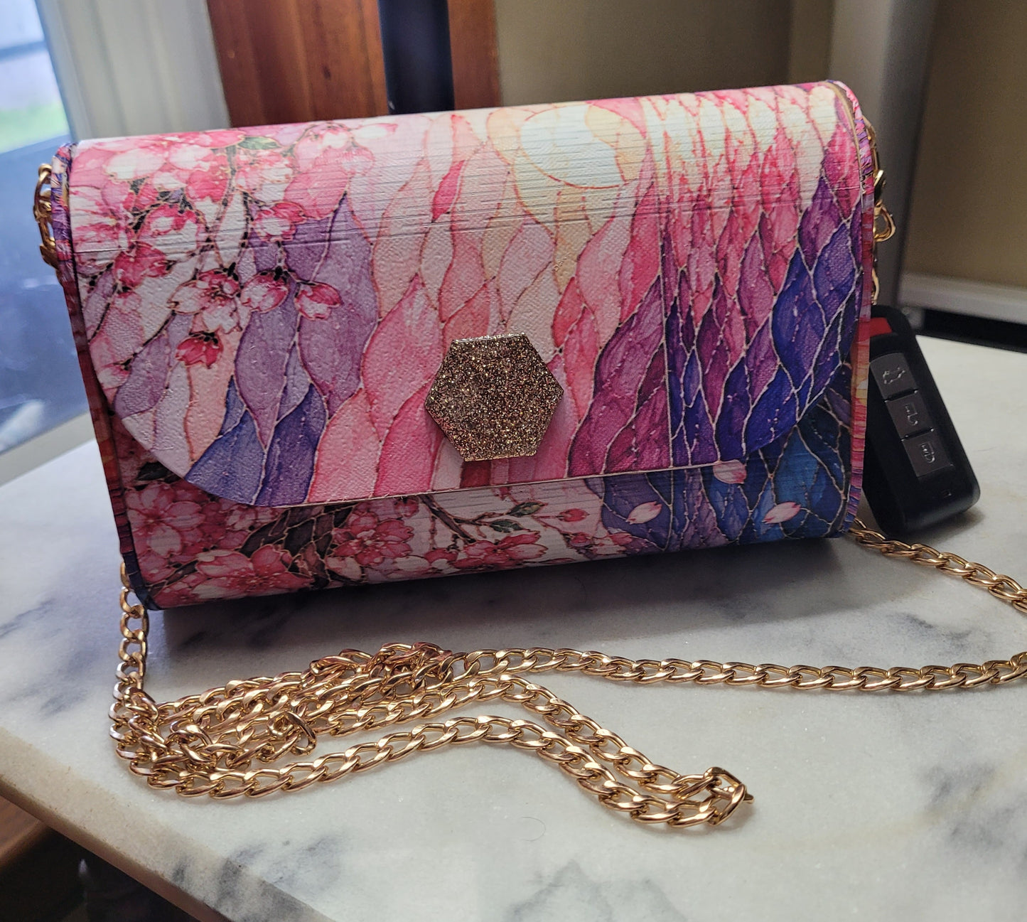 Cherry Blossom Boutique Wooden Crossbody Purse | Handmade Statement Bag | Gold Chain & Pearl Handle