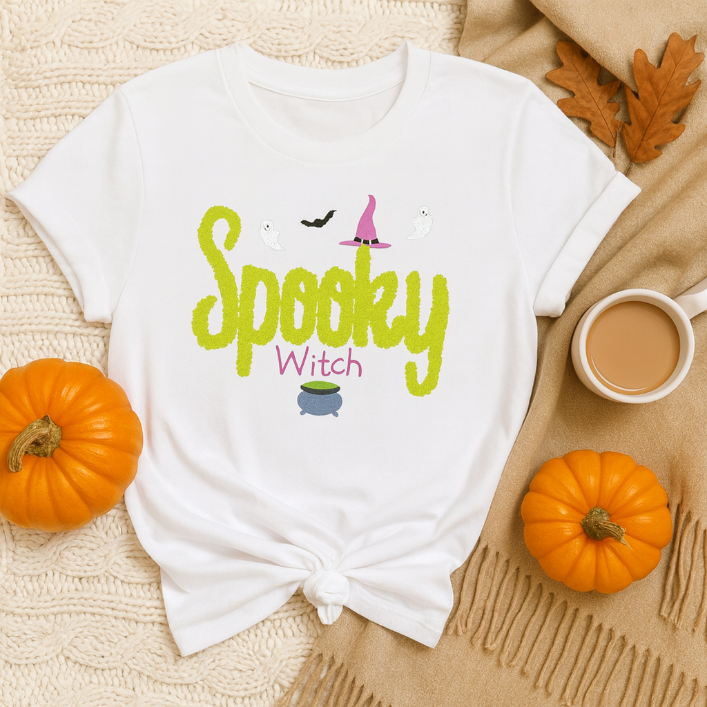 Spooky Witch Halloween T-Shirt – Cute Ghost & Witch Hat Graphic Tee – Fall Pumpkin Season Shirt for Women