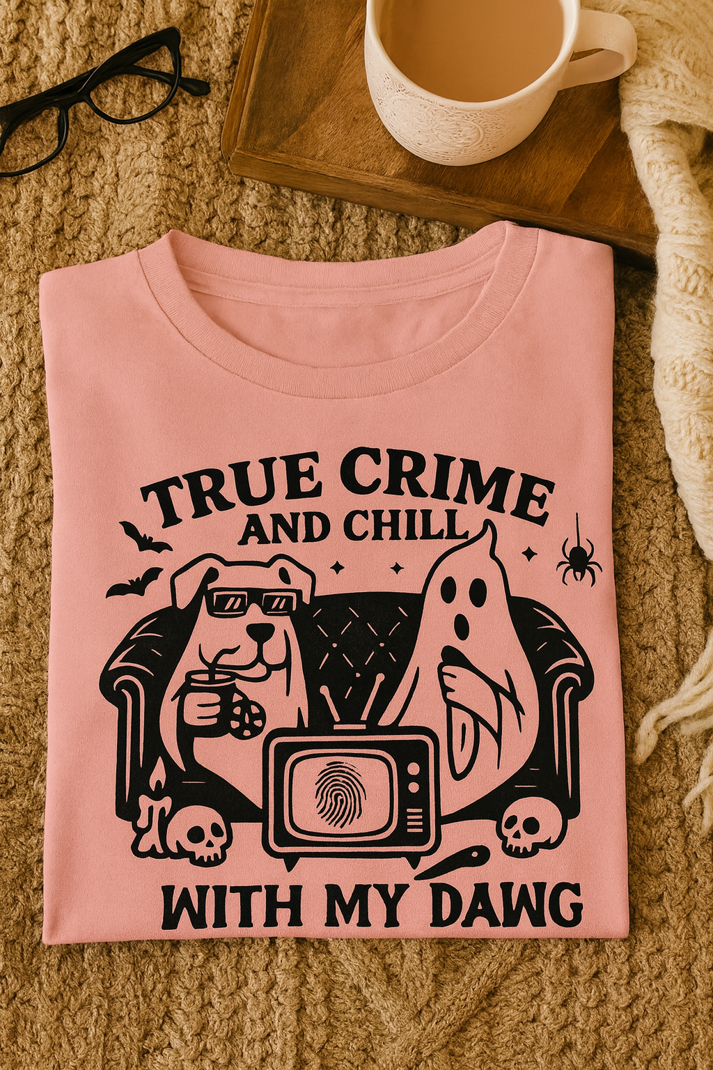 True Crime & Chill Matching Set – T-Shirt + Personalized Dog Bandana