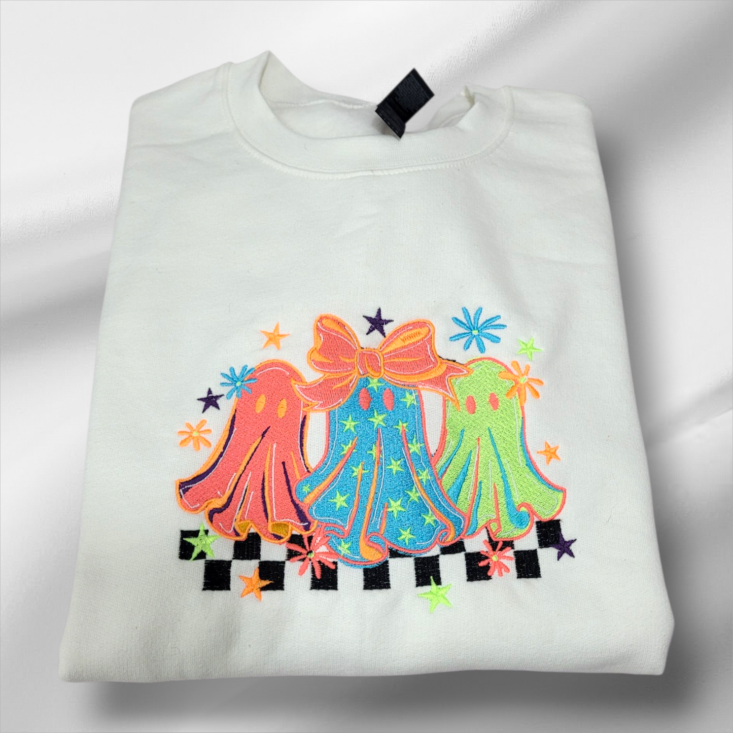 Cozy Ghost Trio Sweatshirt with Neon Bow Sleeve Accents – Handmade Embroidered Crewneck