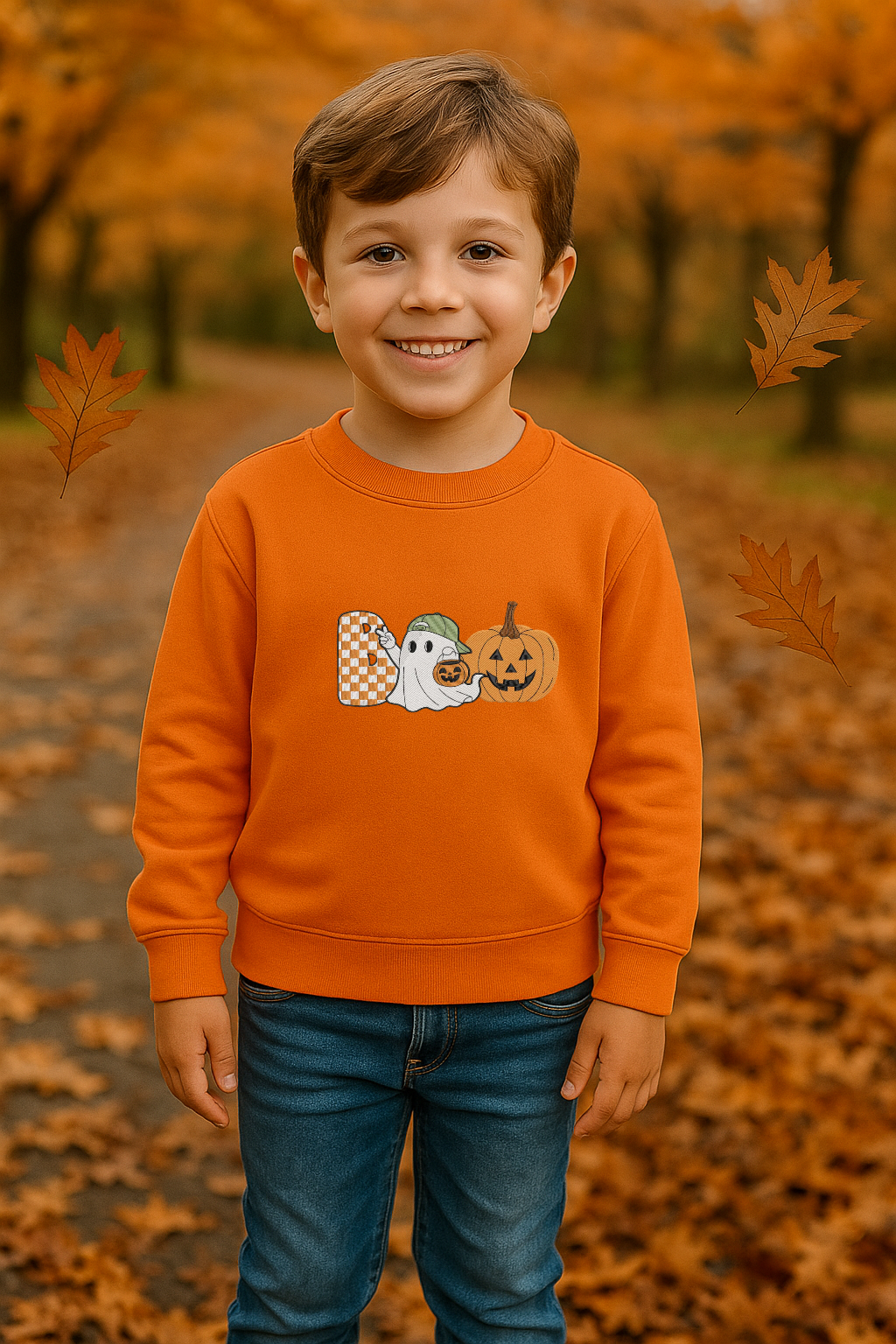 Kids Halloween Ghost & Pumpkin Embroidered Crewneck | Cozy Fall Sweatshirt for Toddlers & Kids