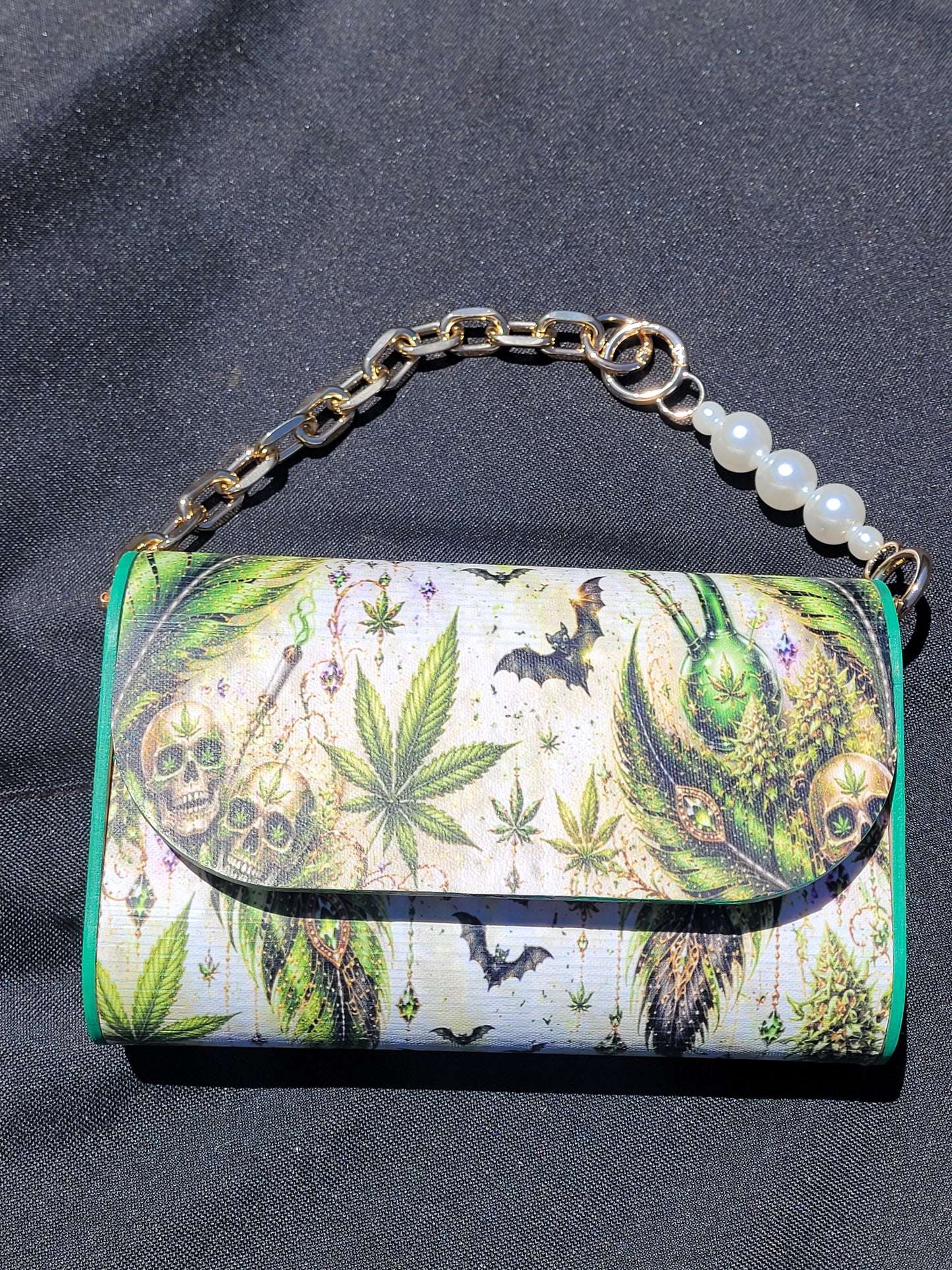 Emerald Mystic Handmade Clutch | Cannabis, Skull & Feather Statement Purse | Gothic Boho Wristlet