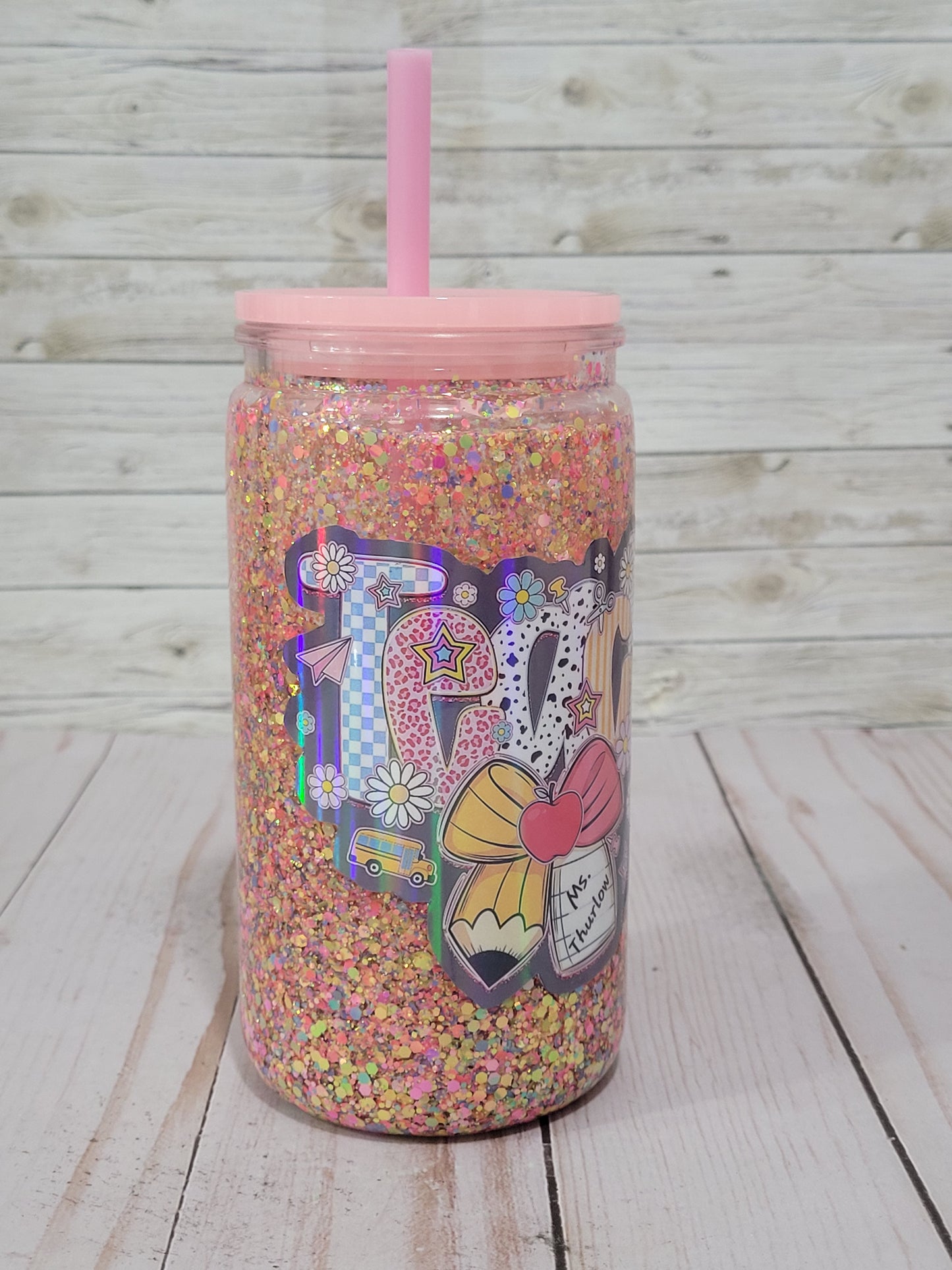 Custom Glitter Teacher Tumbler with Straw – Personalized Teacher Appreciation Gift