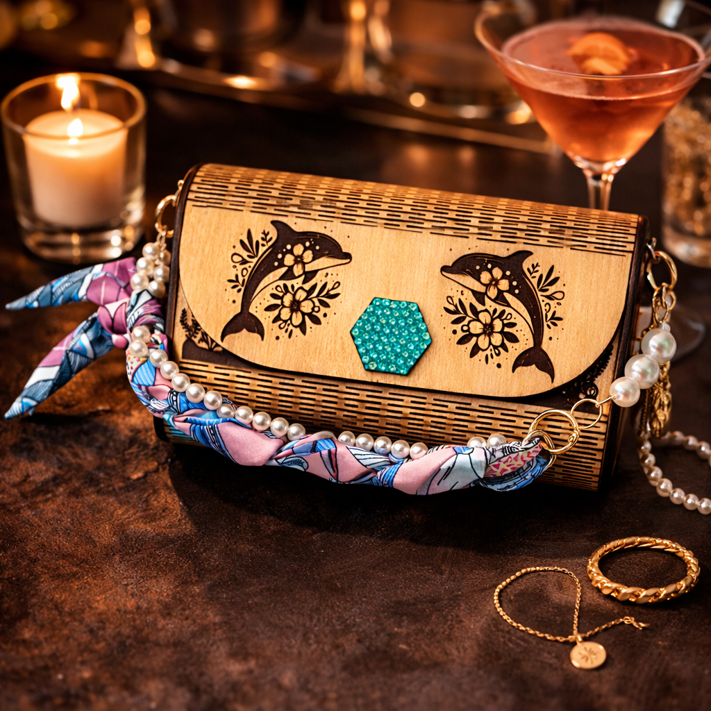 Handmade Engraved Wooden Dolphin Clutch Purse | Pearl Chain & Scarf Strap | Customizable Statement Bag