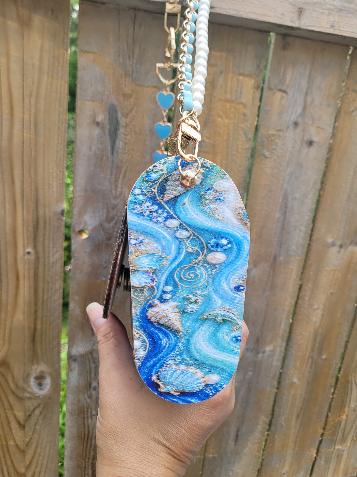 🌊 Ocean Pearl Dolphin Wooden Clutch Purse | Handmade Coastal Crossbody with Pearl Chain 🐚