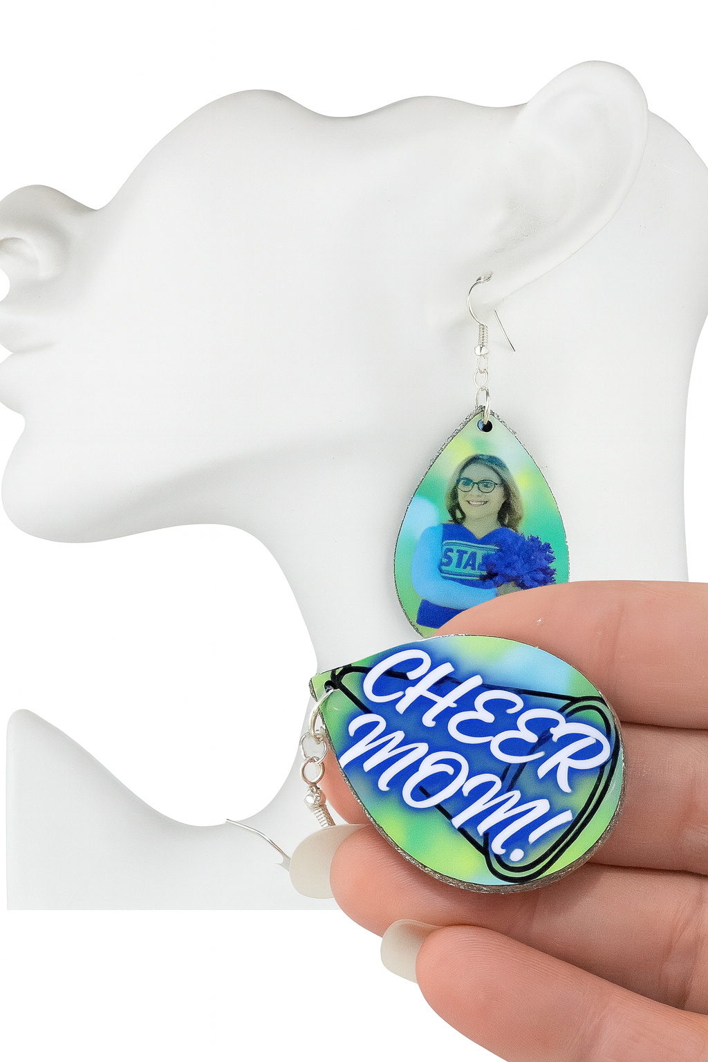 Custom Sports Mom Earrings – Personalized Photo & Jersey Number | Cheer, Football, Baseball, Softball, Basketball Gifts