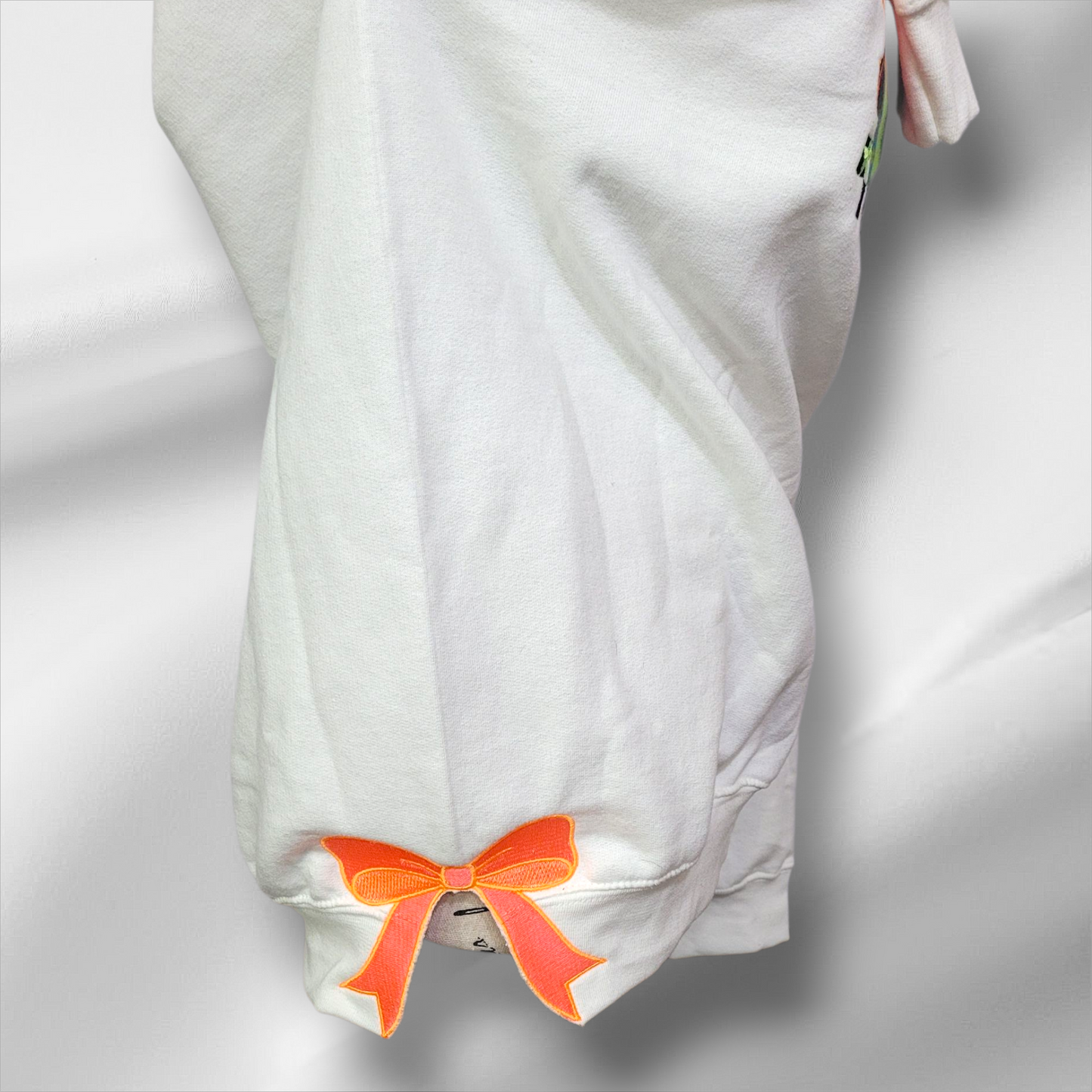 Cozy Ghost Trio Sweatshirt with Neon Bow Sleeve Accents – Handmade Embroidered Crewneck