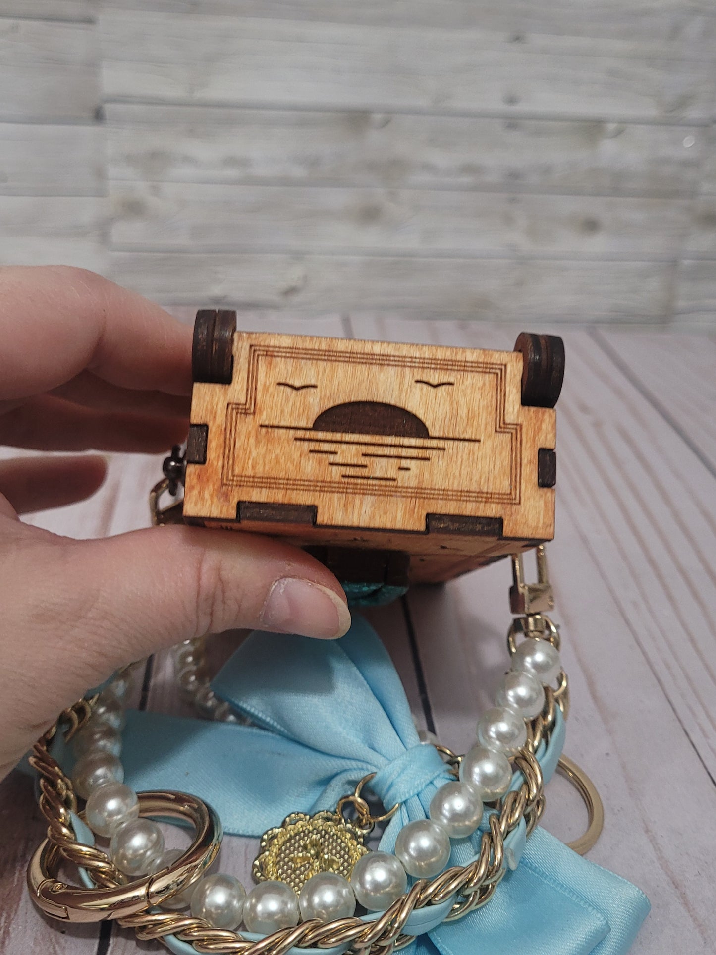 Mini Wooden Clip-On Bag | Engraved Dolphin Design | Pearl Handle | Customizable Add-On Purse