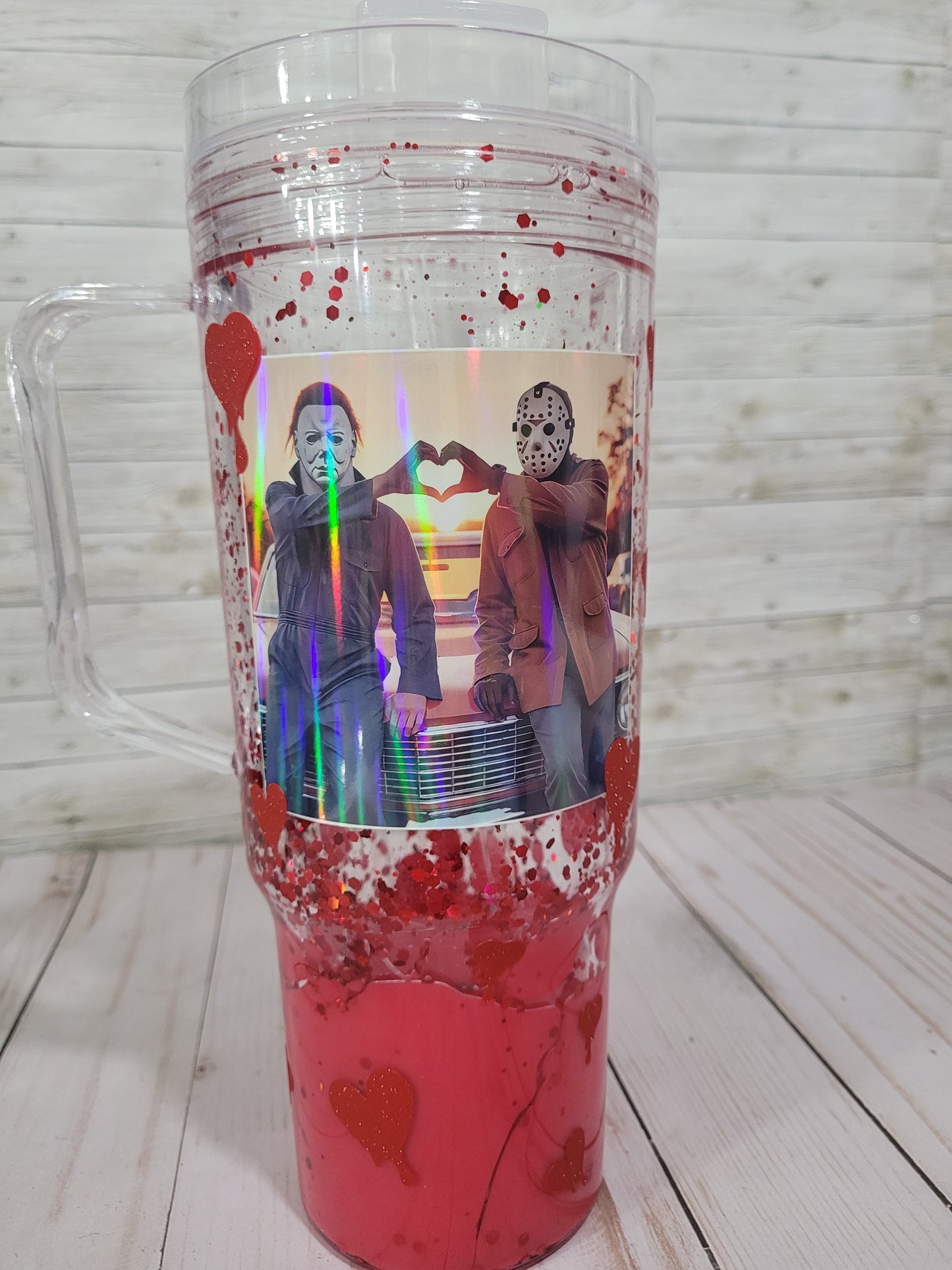 Bloody Valentine Horror Couple Snow Globe Tumbler – Michael Myers & Jason Glitter Cup – Creepy Cute Horror Movie Gift