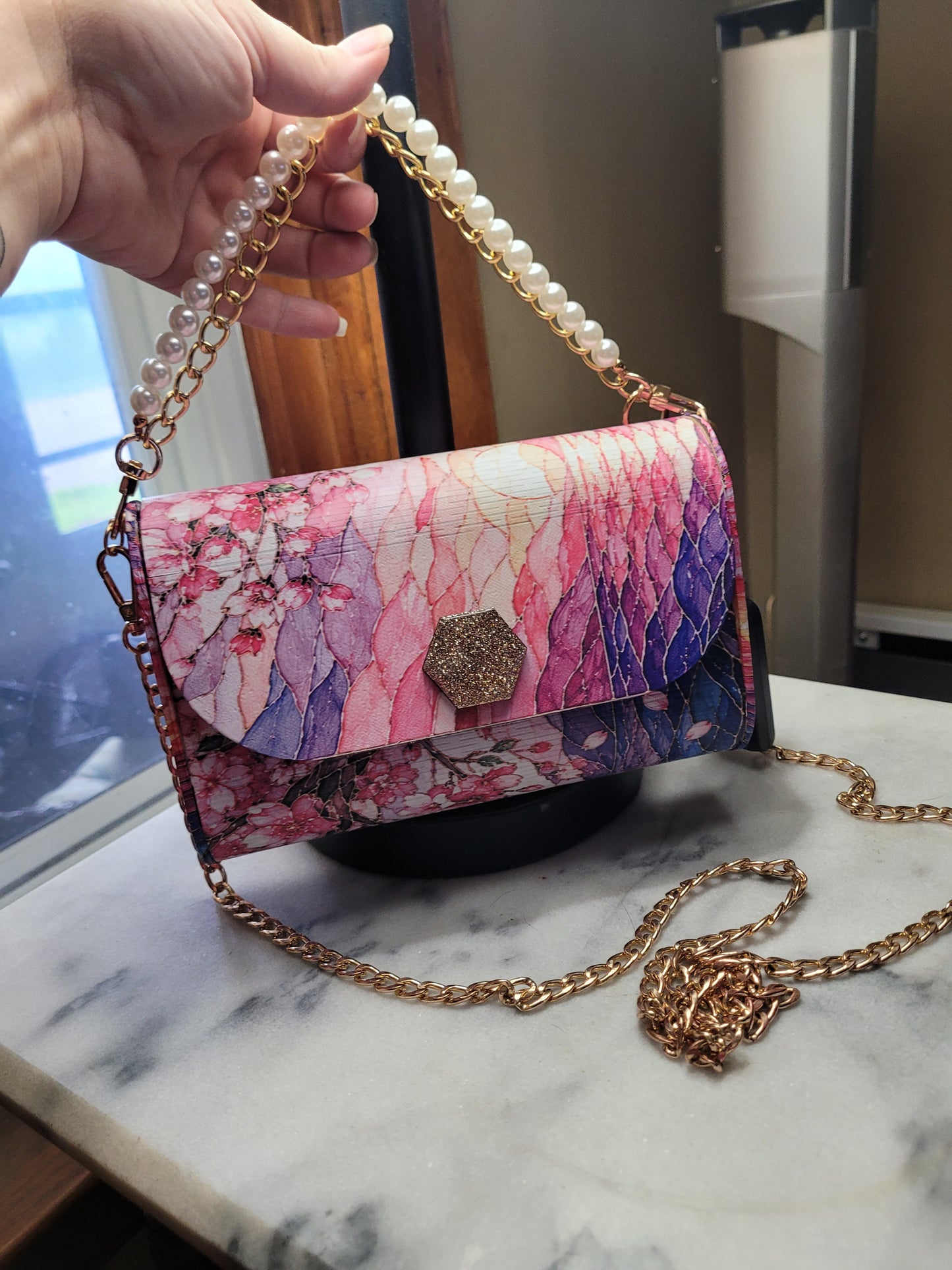 Cherry Blossom Boutique Wooden Crossbody Purse | Handmade Statement Bag | Gold Chain & Pearl Handle