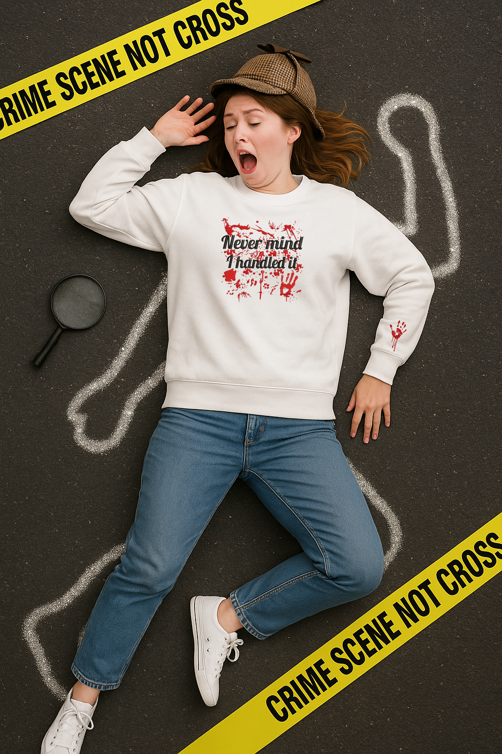 🕵️‍♀️ Embroidered “Never mind, I handled it” Crime Scene Sweater