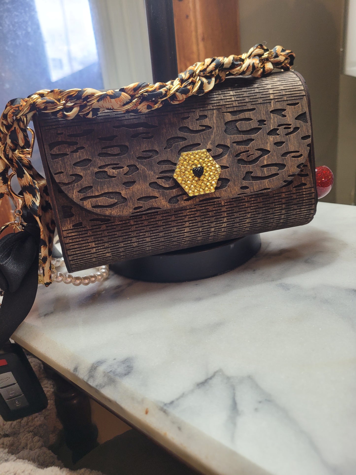 Leopard Print Wooden Clutch Purse – Handmade Wood Handbag with Gold Accent & Chain Strap