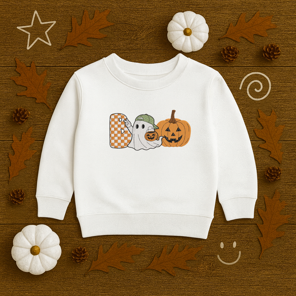 Kids Halloween Ghost & Pumpkin Embroidered Crewneck | Cozy Fall Sweatshirt for Toddlers & Kids