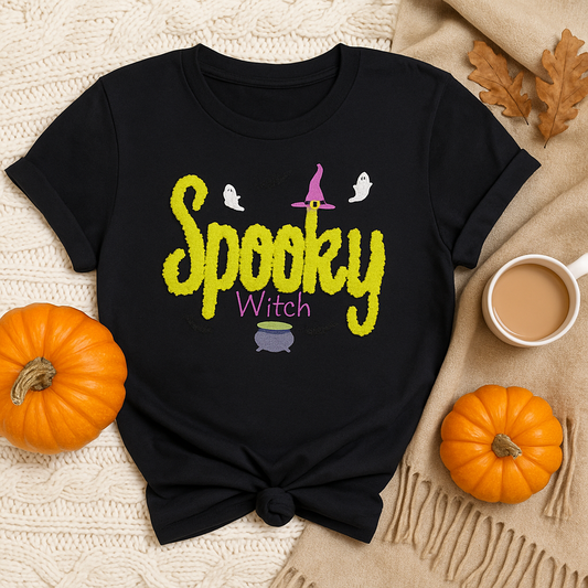 Spooky Witch Halloween T-Shirt – Cute Ghost & Witch Hat Graphic Tee – Fall Pumpkin Season Shirt for Women