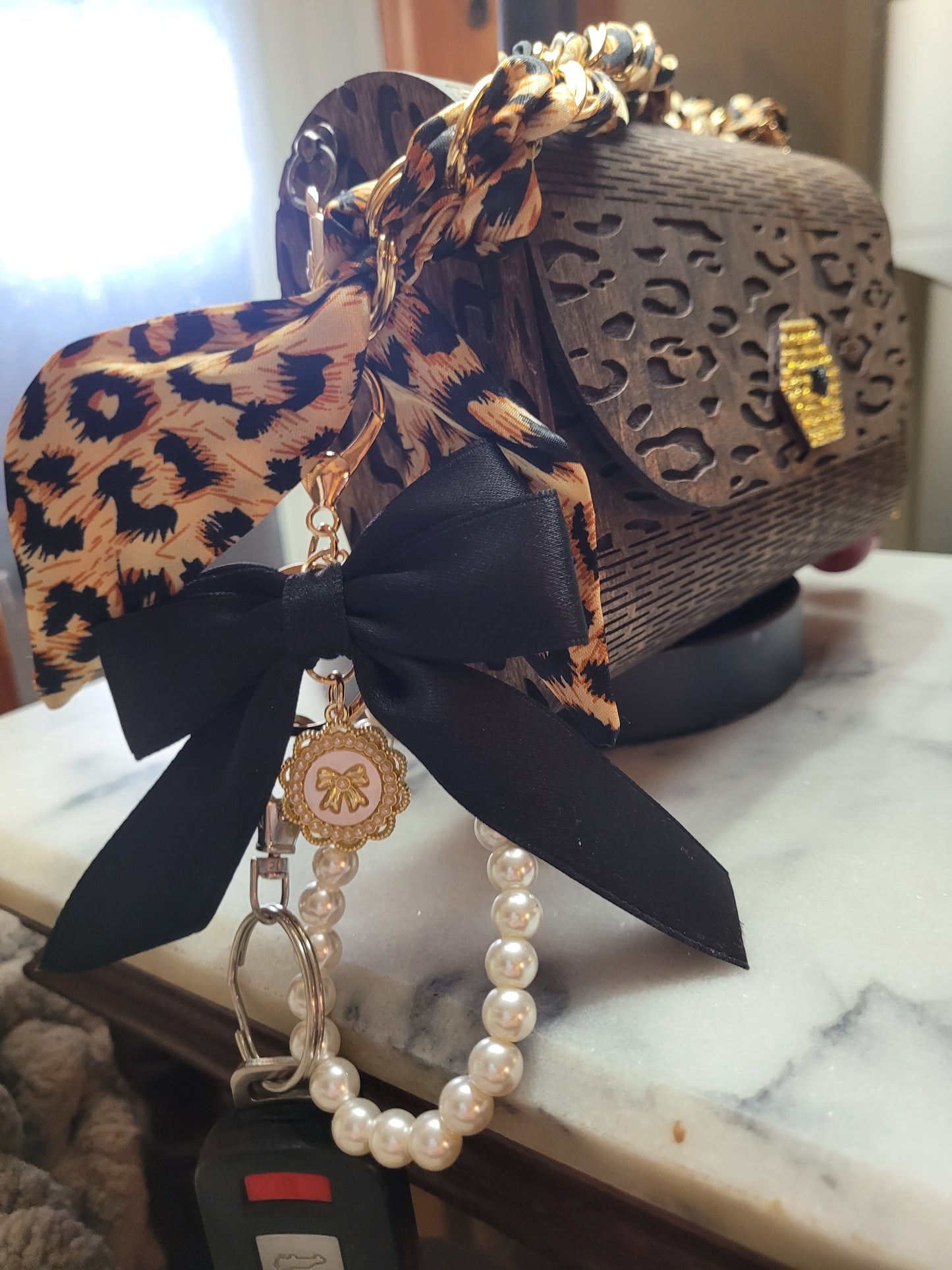 Leopard Print Wooden Clutch Purse – Handmade Wood Handbag with Gold Accent & Chain Strap