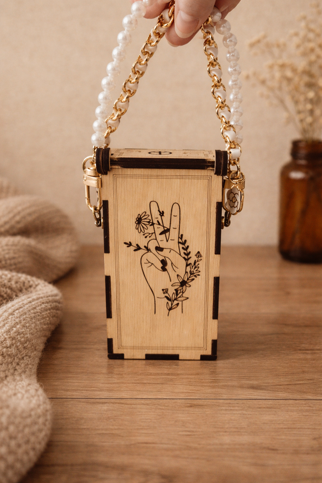 Wooden Peace Box Mini Purse – Handmade Beaded Handle Wood Clutch