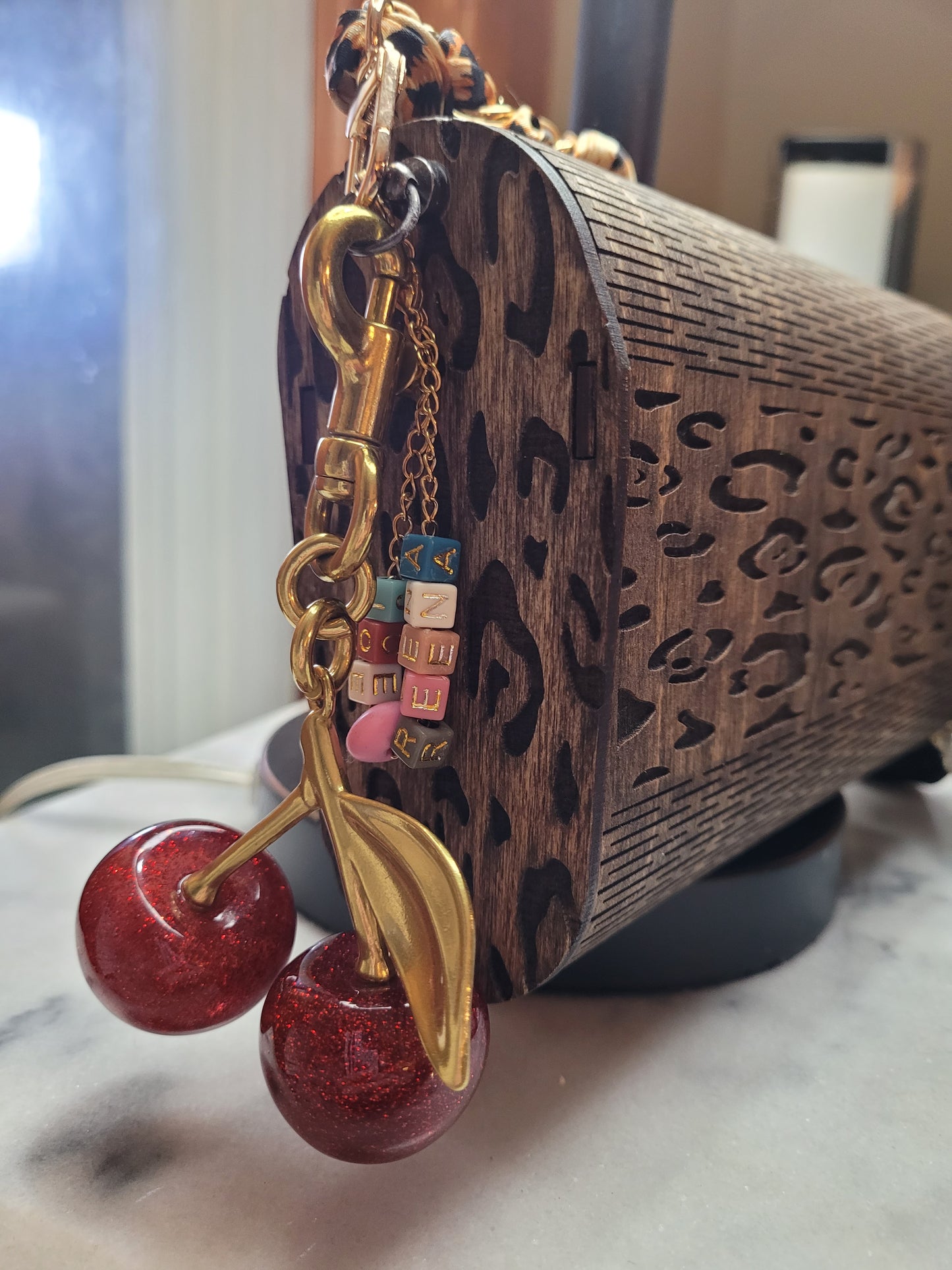 Leopard Print Wooden Clutch Purse – Handmade Wood Handbag with Gold Accent & Chain Strap