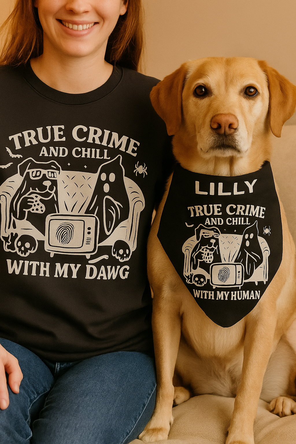 True Crime & Chill Matching Set – T-Shirt + Personalized Dog Bandana