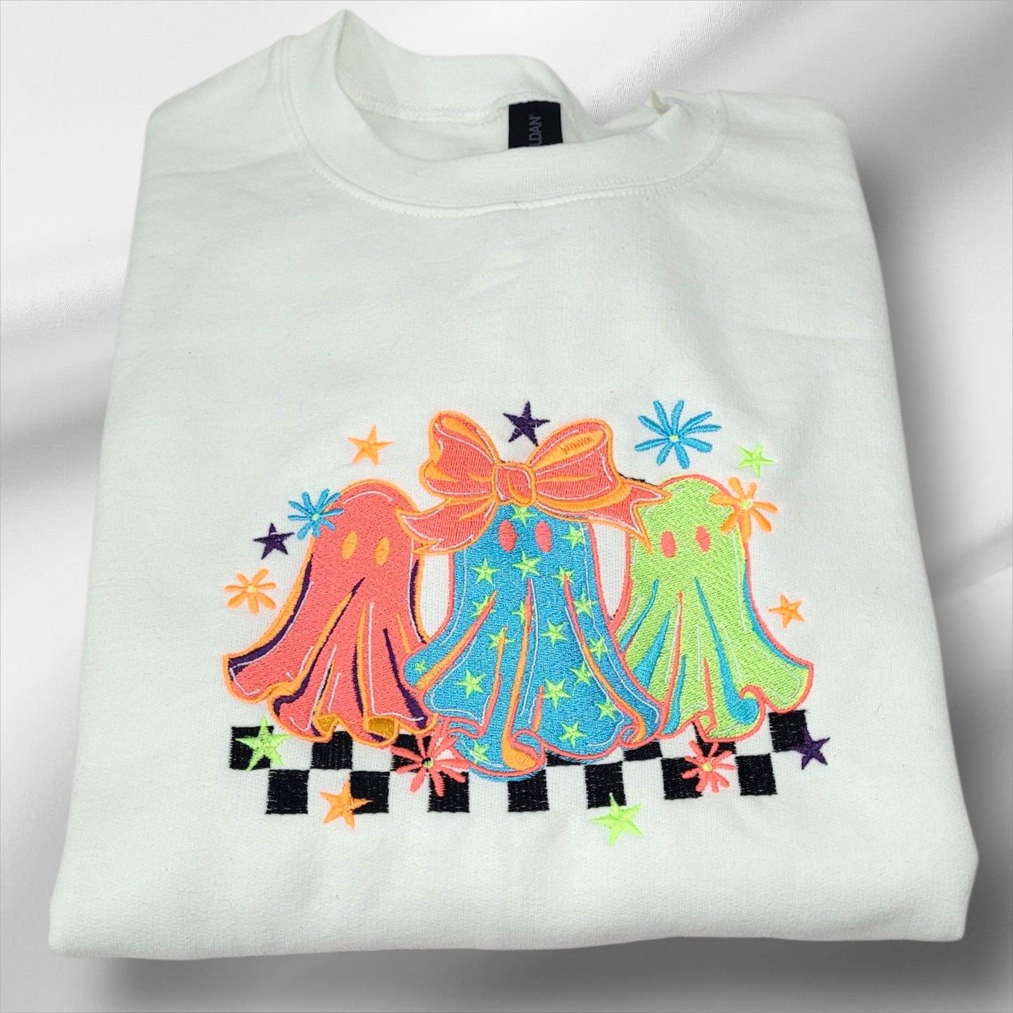 Cozy Ghost Trio Sweatshirt with Neon Bow Sleeve Accents – Handmade Embroidered Crewneck