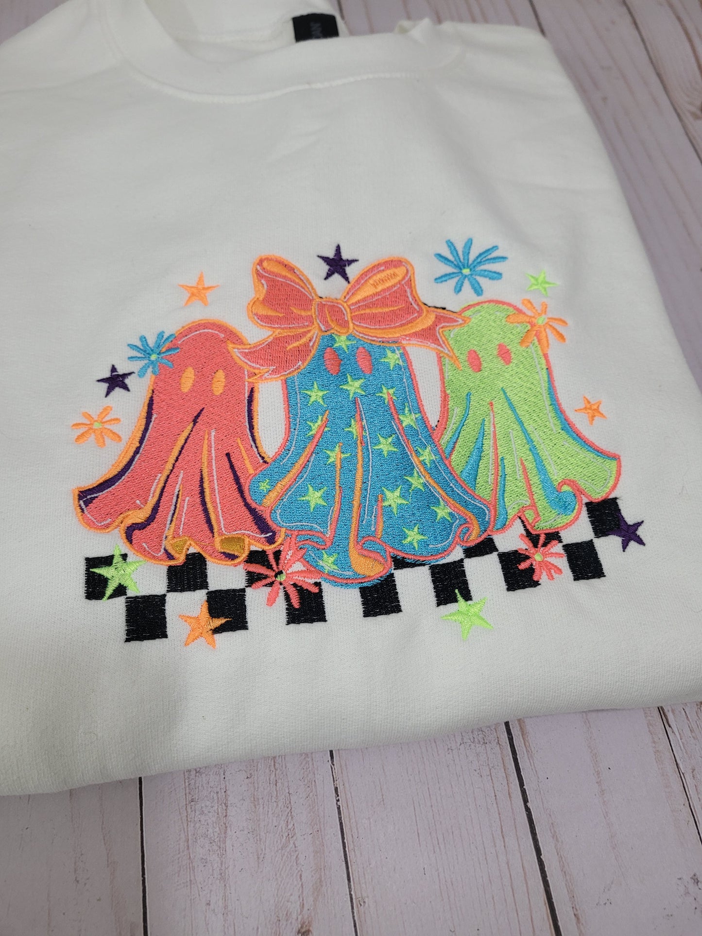 Cozy Ghost Trio Sweatshirt with Neon Bow Sleeve Accents – Handmade Embroidered Crewneck