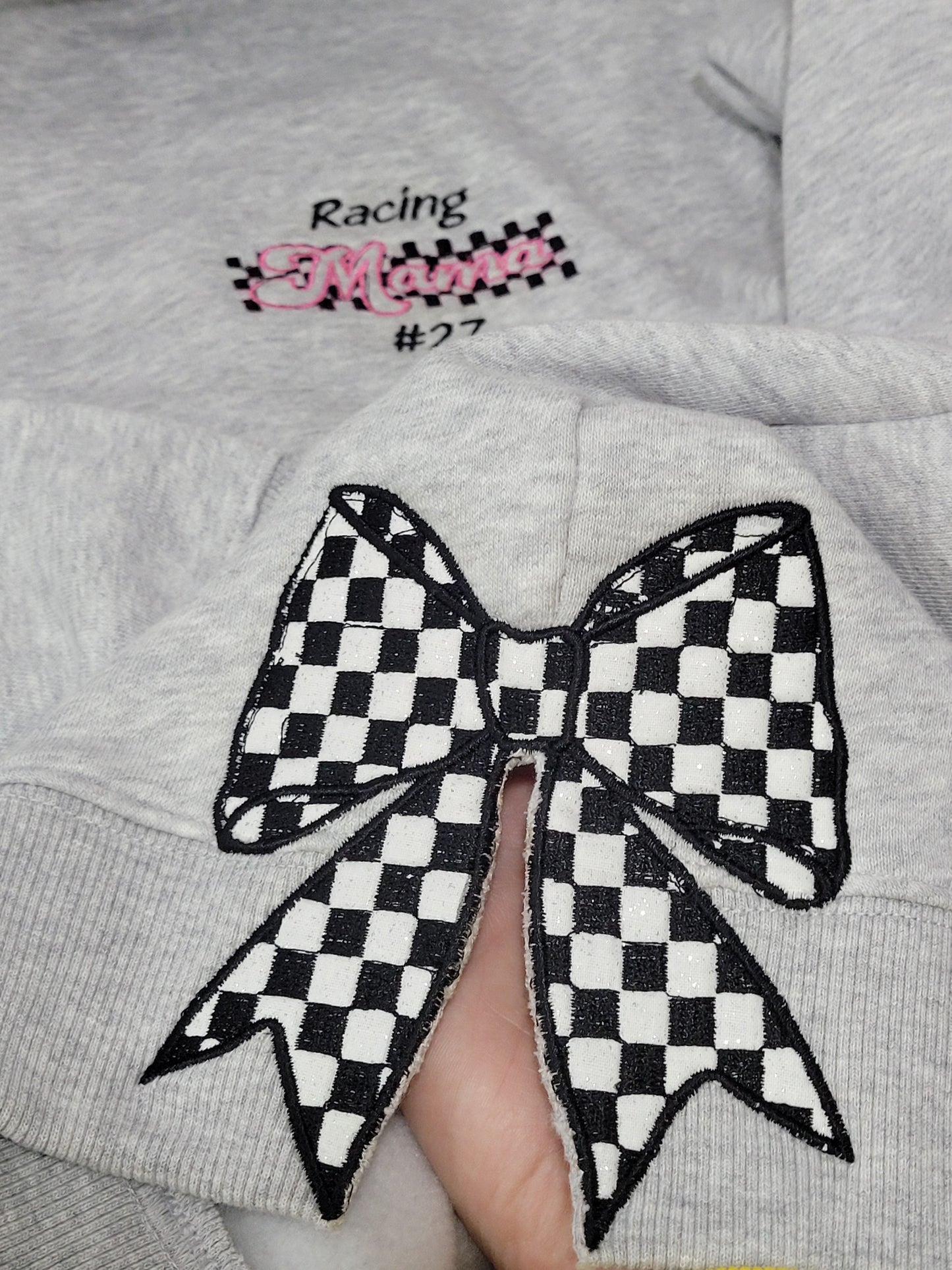 Personalized Racing Mama Quarter-Zip Sweater with Checkered Bow Sleeves