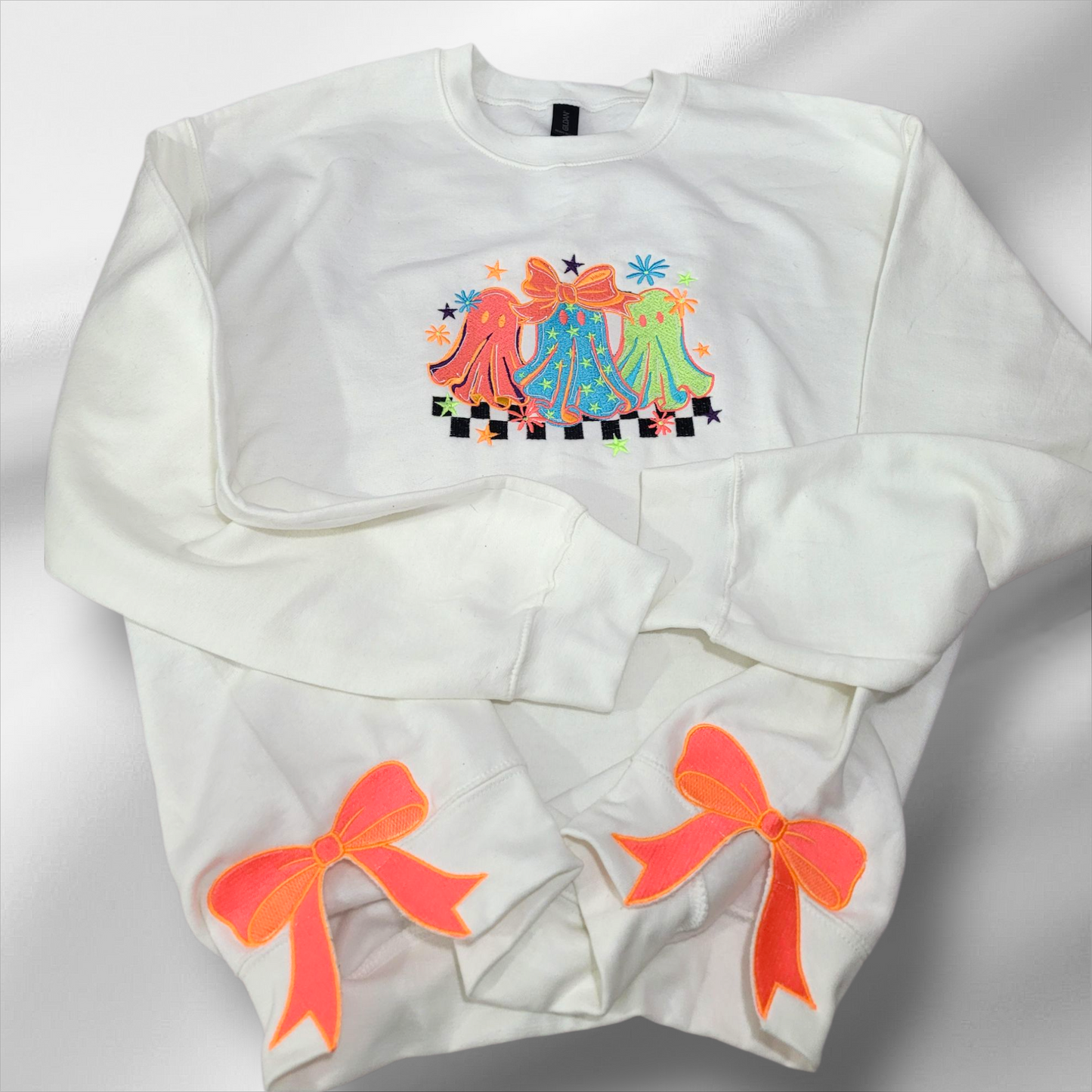 Cozy Ghost Trio Sweatshirt with Neon Bow Sleeve Accents – Handmade Embroidered Crewneck