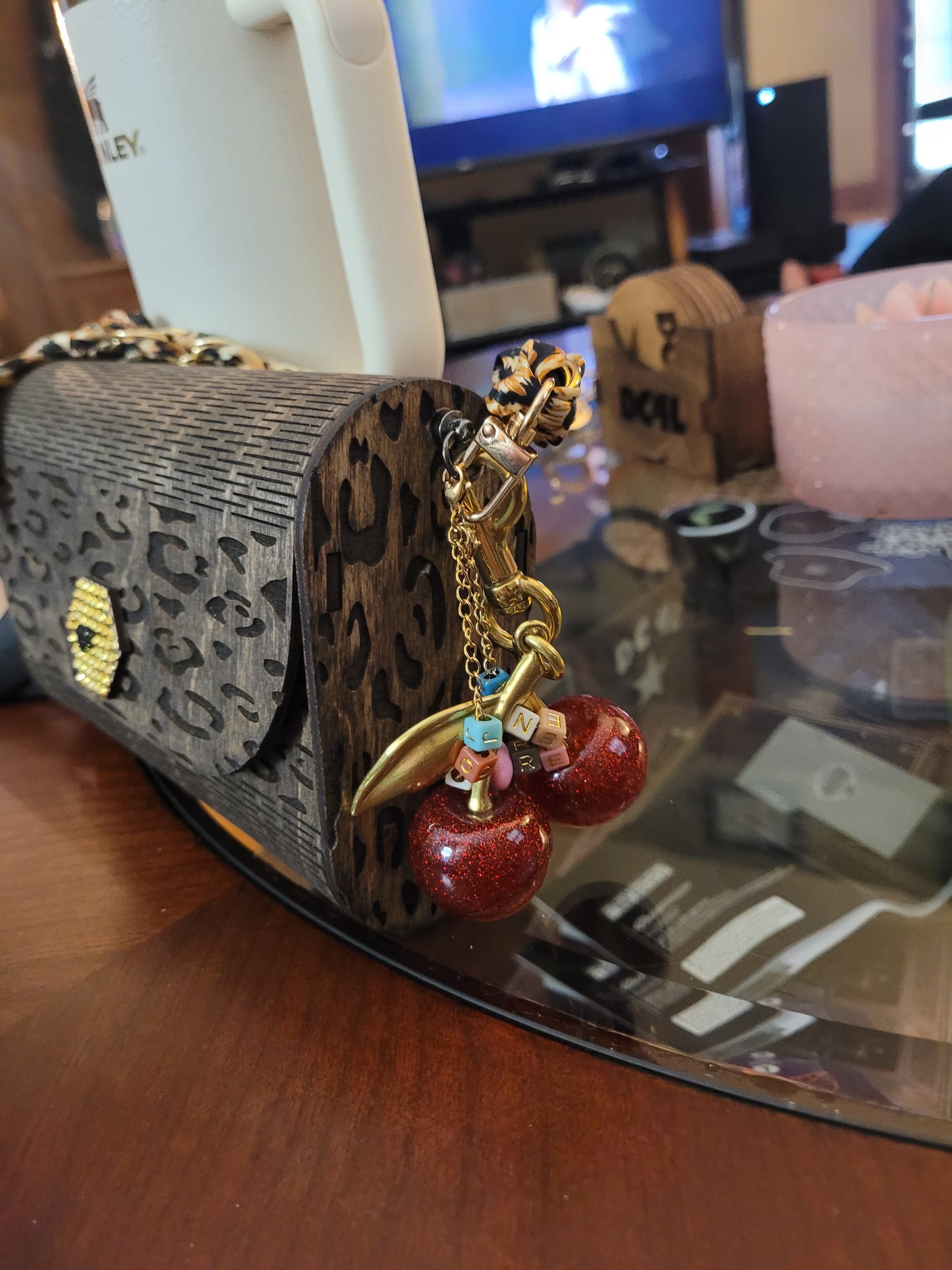 Leopard Print Wooden Clutch Purse – Handmade Wood Handbag with Gold Accent & Chain Strap