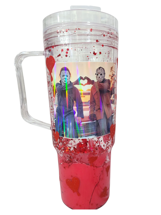 Bloody Valentine Horror Couple Snow Globe Tumbler – Michael Myers & Jason Glitter Cup – Creepy Cute Horror Movie Gift