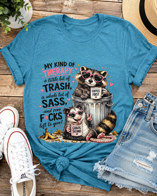 My Kind of Therapy Trash Panda Graphic T-Shirt | Funny Raccoon & Possum Shirt | Coffee Lover Tee | Unisex Graphic Tee