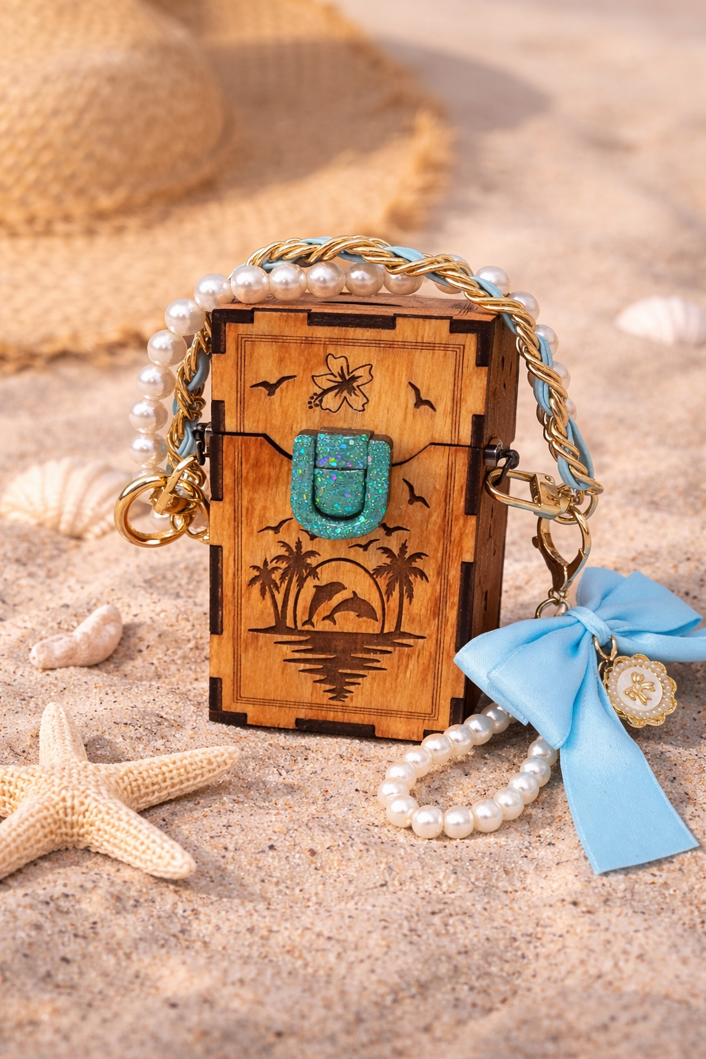 Mini Wooden Clip-On Bag | Engraved Dolphin Design | Pearl Handle | Customizable Add-On Purse