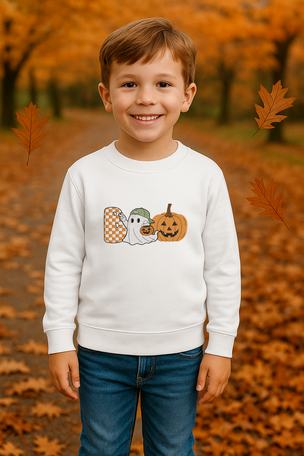 Kids Halloween Ghost & Pumpkin Embroidered Crewneck | Cozy Fall Sweatshirt for Toddlers & Kids