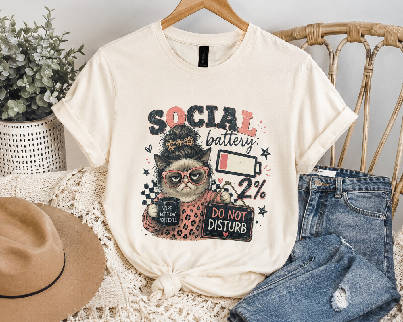 Social Battery 2% Funny Cat Graphic Tee