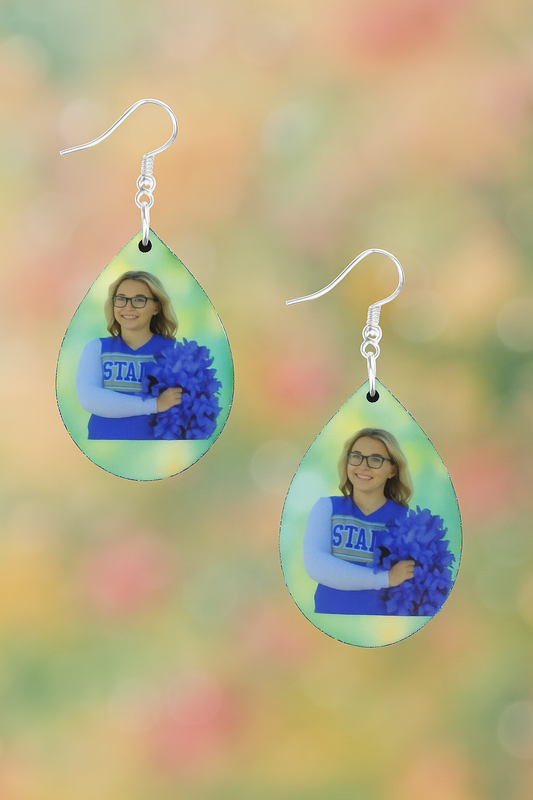 Custom Sports Mom Earrings – Personalized Photo & Jersey Number | Cheer, Football, Baseball, Softball, Basketball Gifts