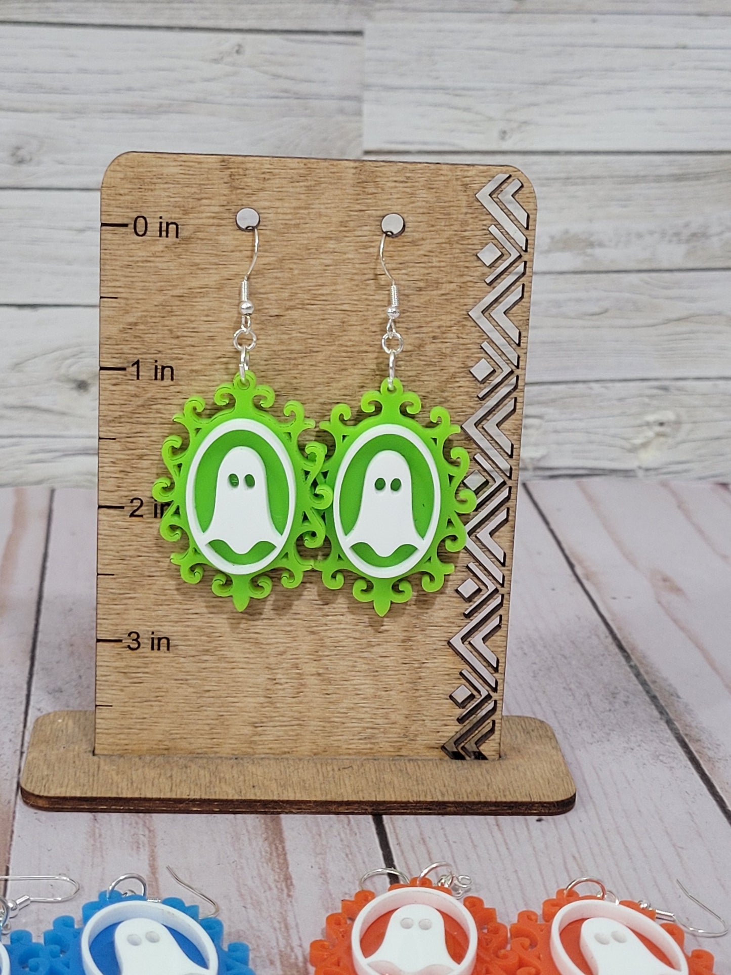 Spooky Ghost Halloween Earrings – Acrylic Statement Jewelry (Orange, Blue, Green)