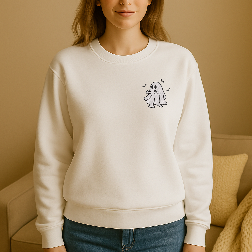 Cozy Beige Ghost Sweatshirt – Minimalist Embroidered Halloween Crewneck