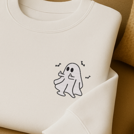 Cozy Beige Ghost Sweatshirt – Minimalist Embroidered Halloween Crewneck