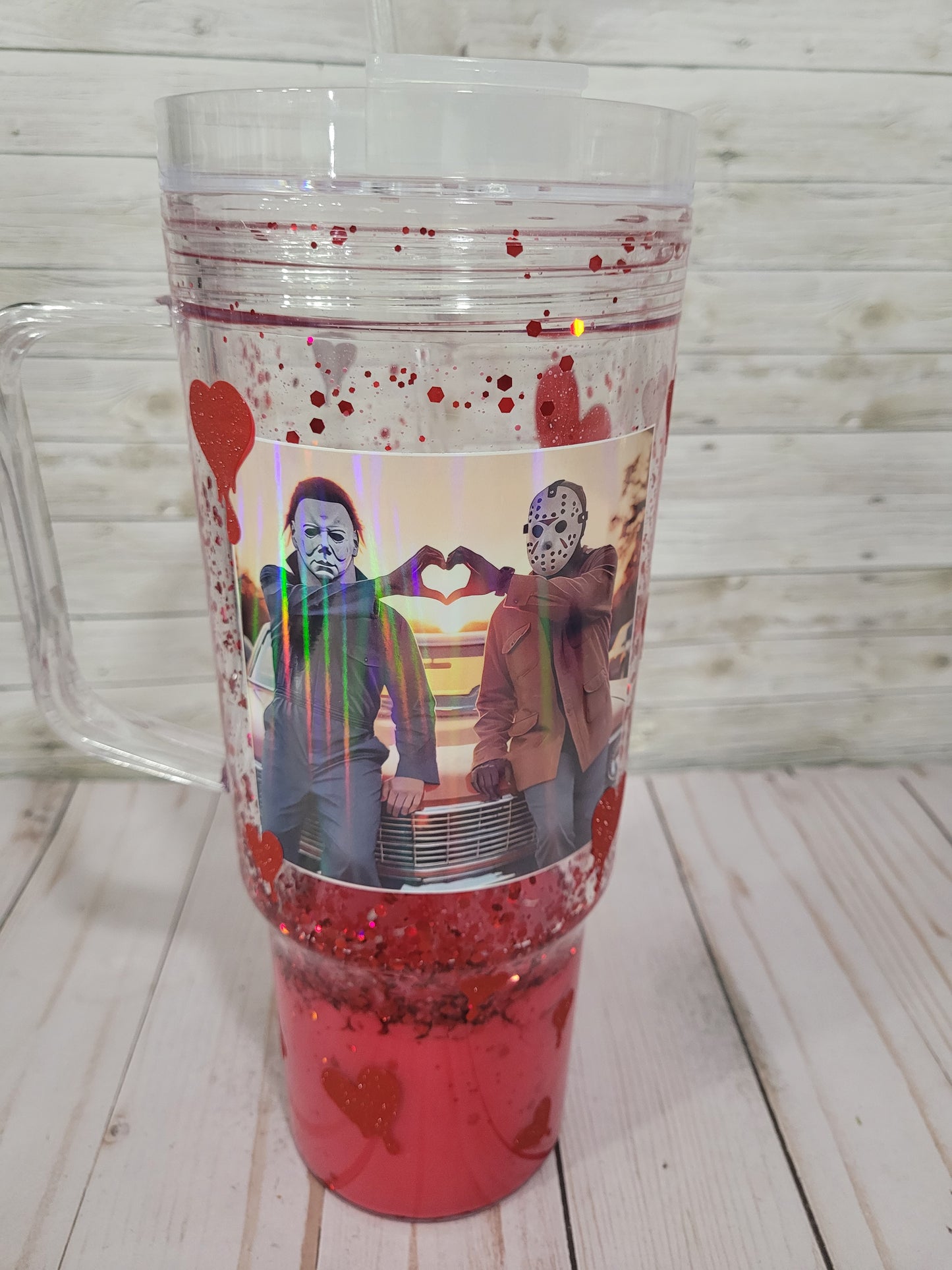 Bloody Valentine Horror Couple Snow Globe Tumbler – Michael Myers & Jason Glitter Cup – Creepy Cute Horror Movie Gift