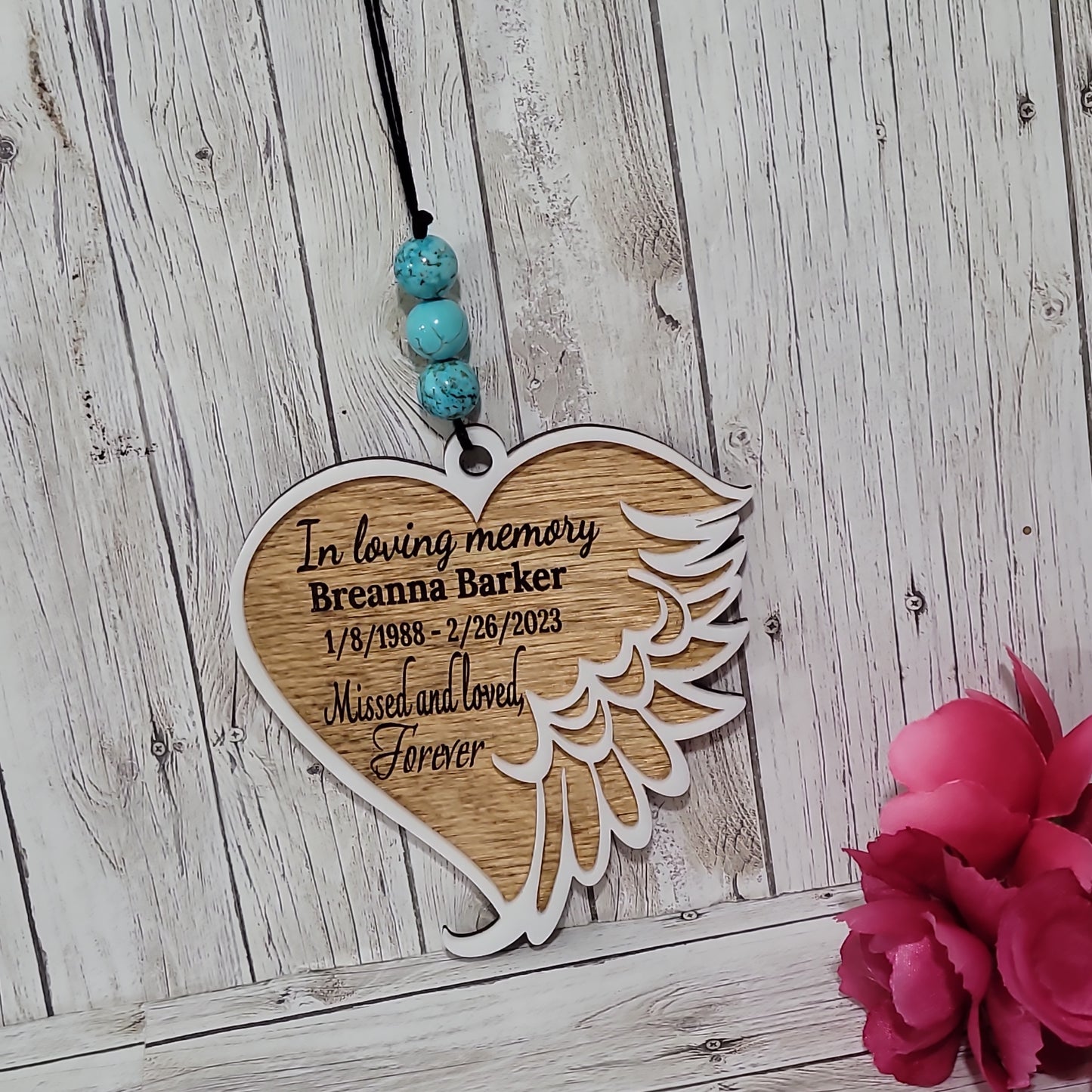 Personalized Memorial Rearview Mirror Charm – Wooden Angel Wing Heart Car Ornament Keepsake