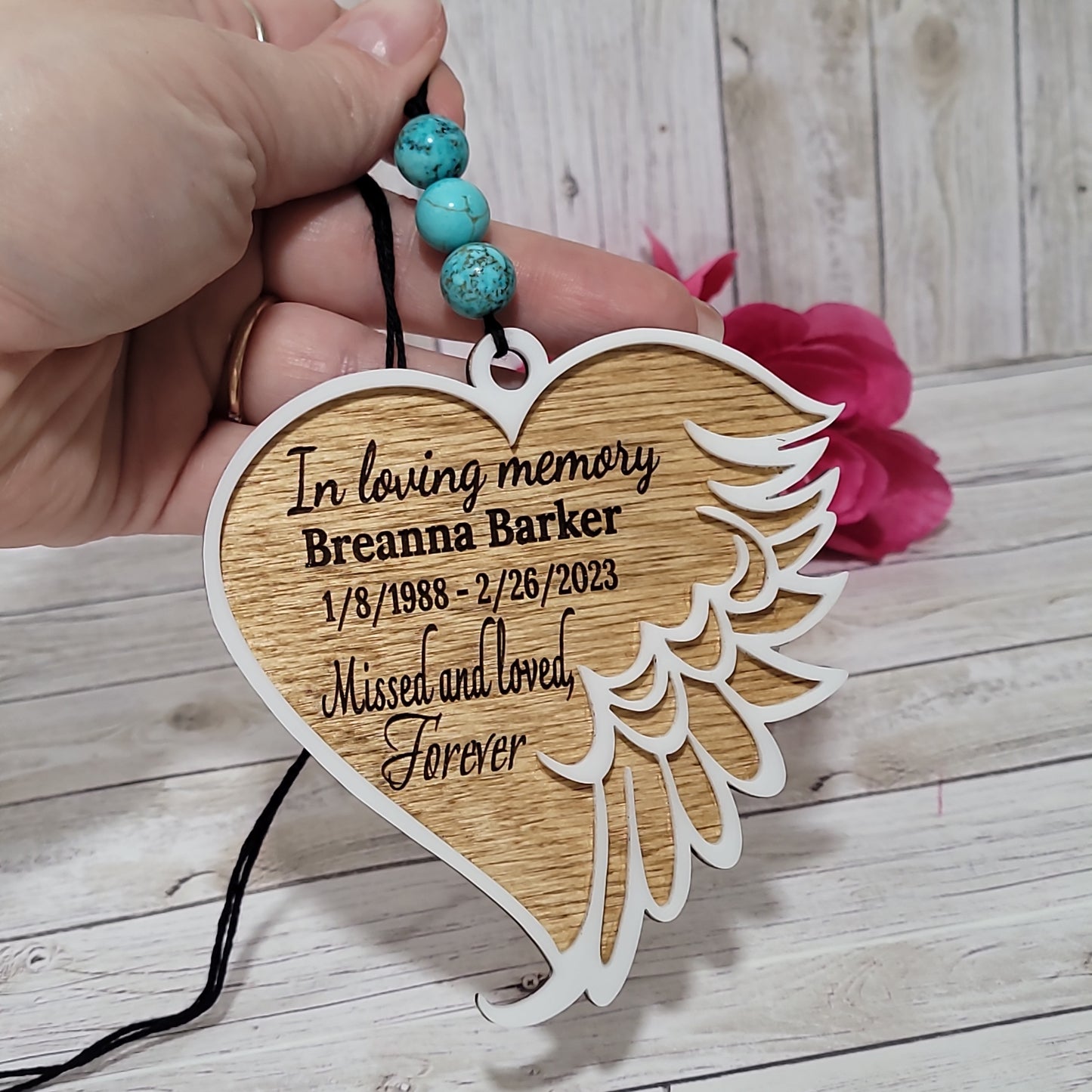 Personalized Memorial Rearview Mirror Charm – Wooden Angel Wing Heart Car Ornament Keepsake