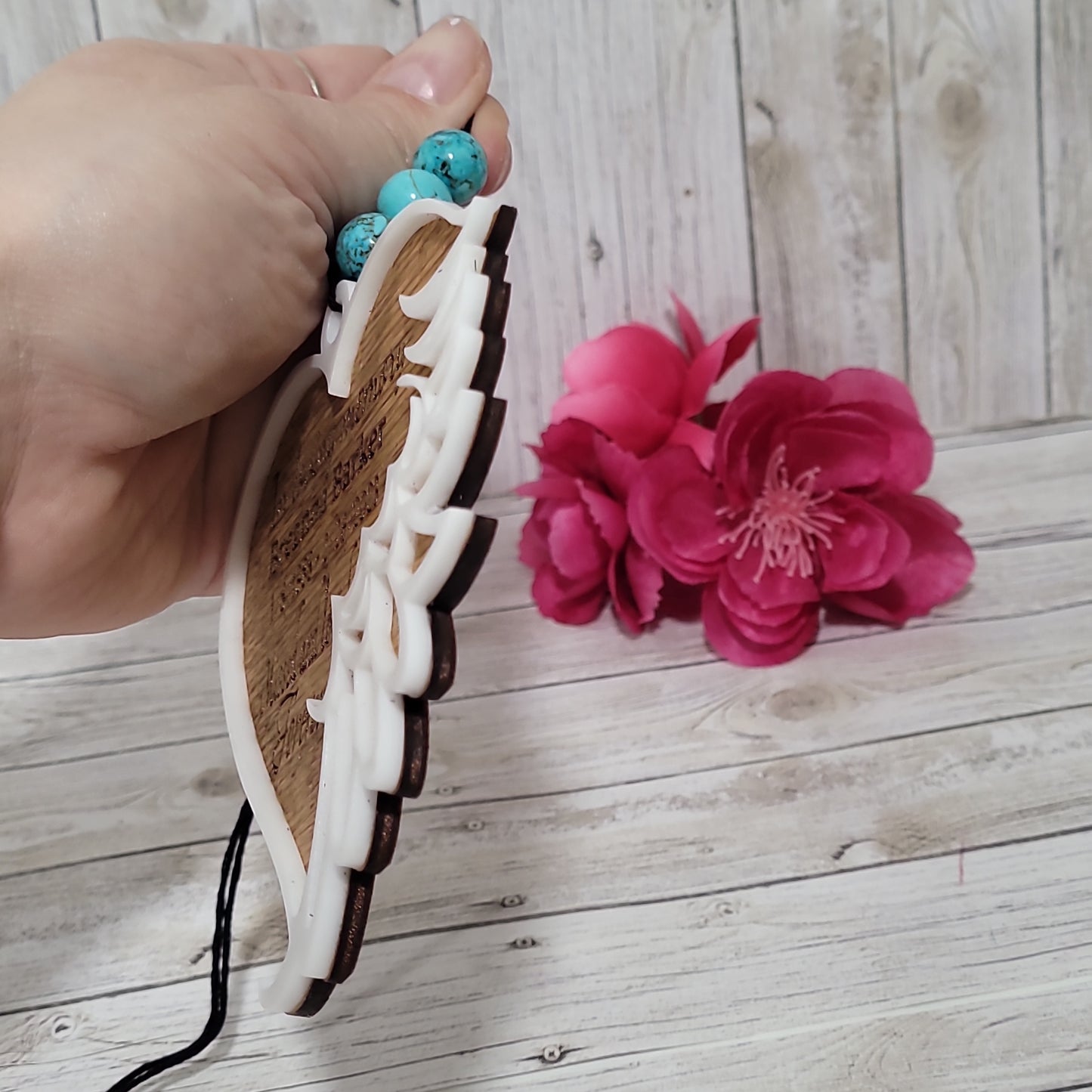 Personalized Memorial Rearview Mirror Charm – Wooden Angel Wing Heart Car Ornament Keepsake