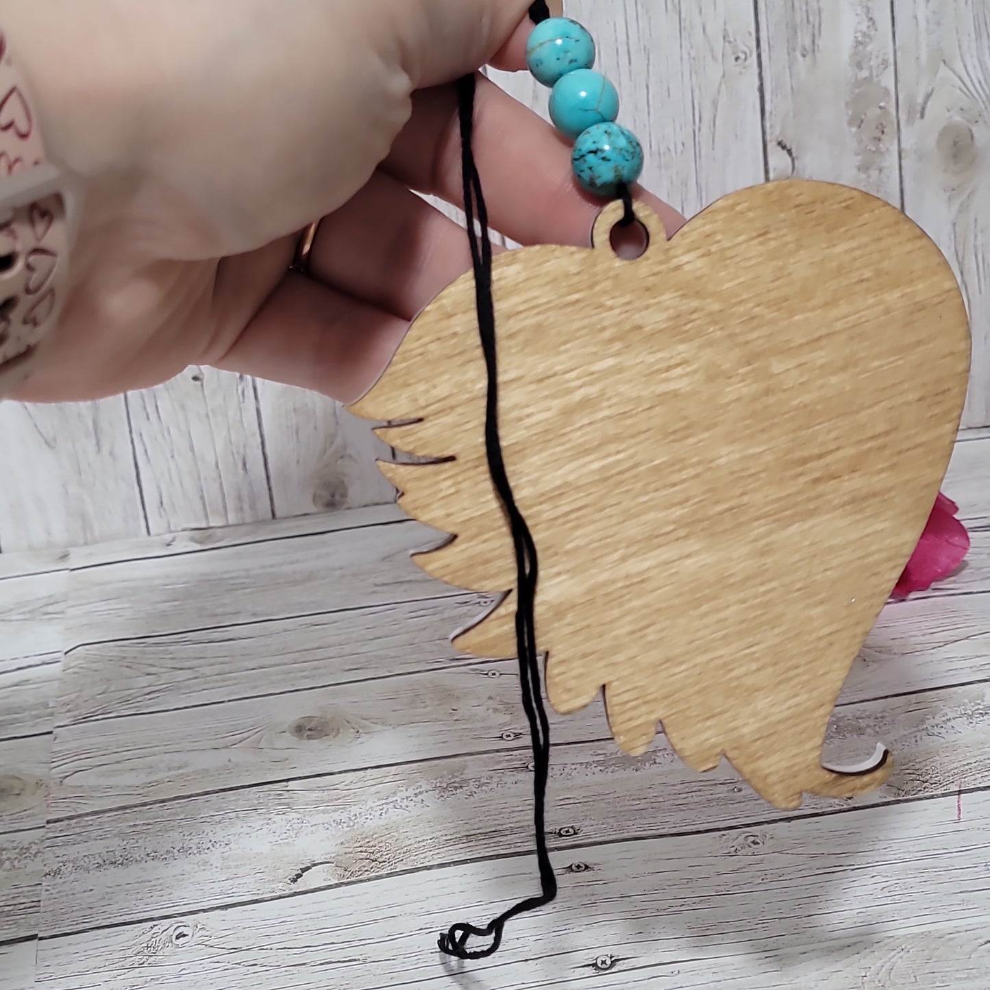 Personalized Memorial Rearview Mirror Charm – Wooden Angel Wing Heart Car Ornament Keepsake