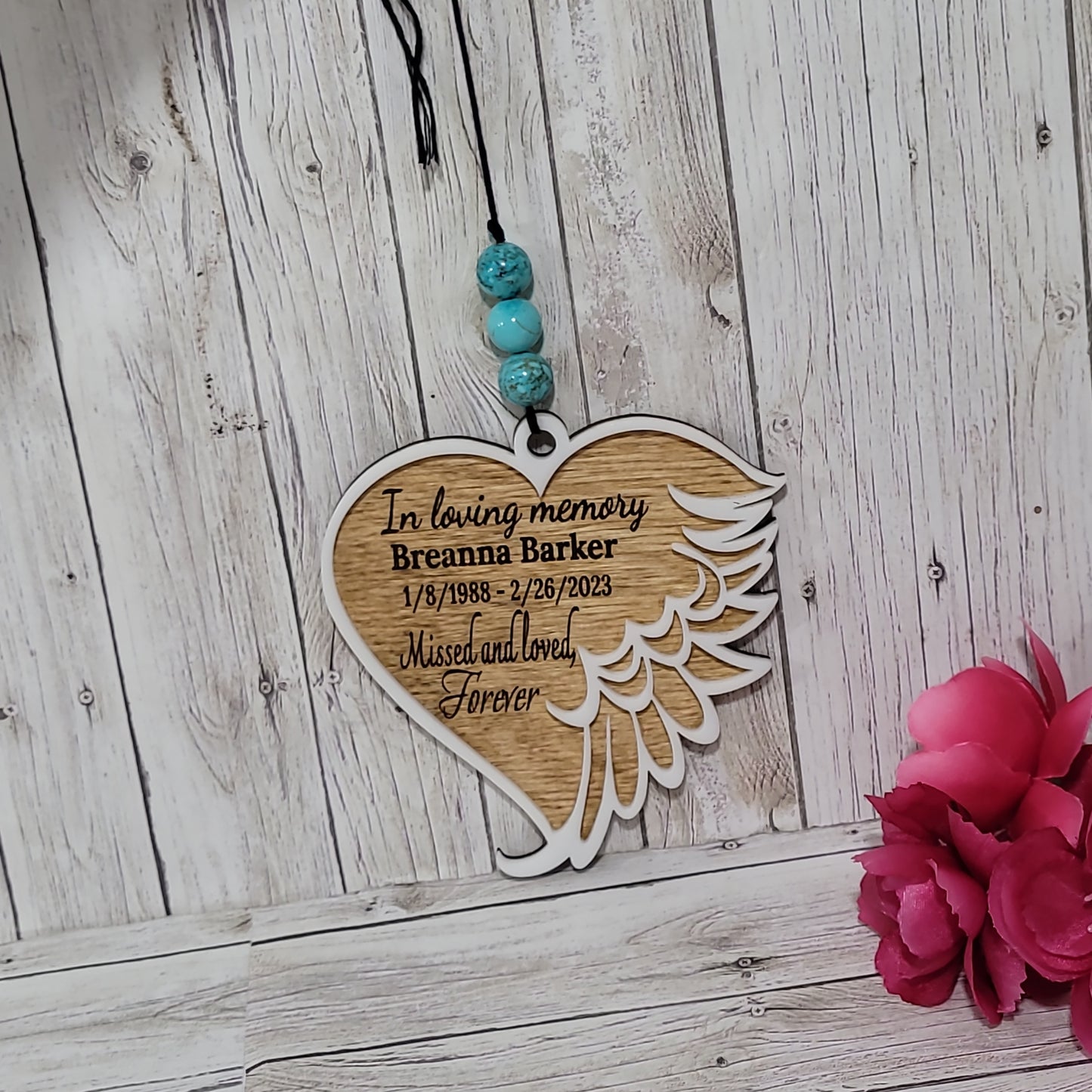 Personalized Memorial Rearview Mirror Charm – Wooden Angel Wing Heart Car Ornament Keepsake