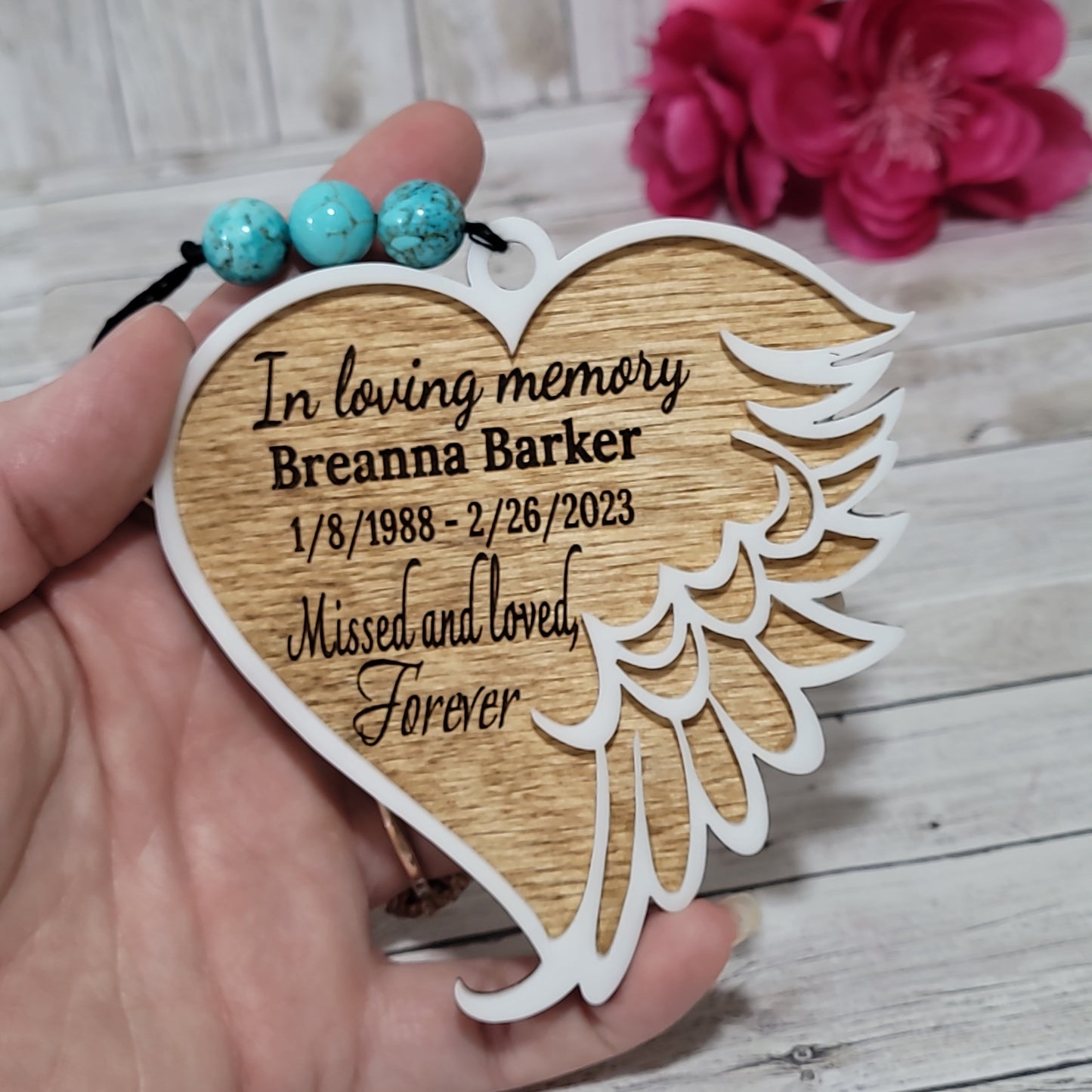 Personalized Memorial Rearview Mirror Charm – Wooden Angel Wing Heart Car Ornament Keepsake