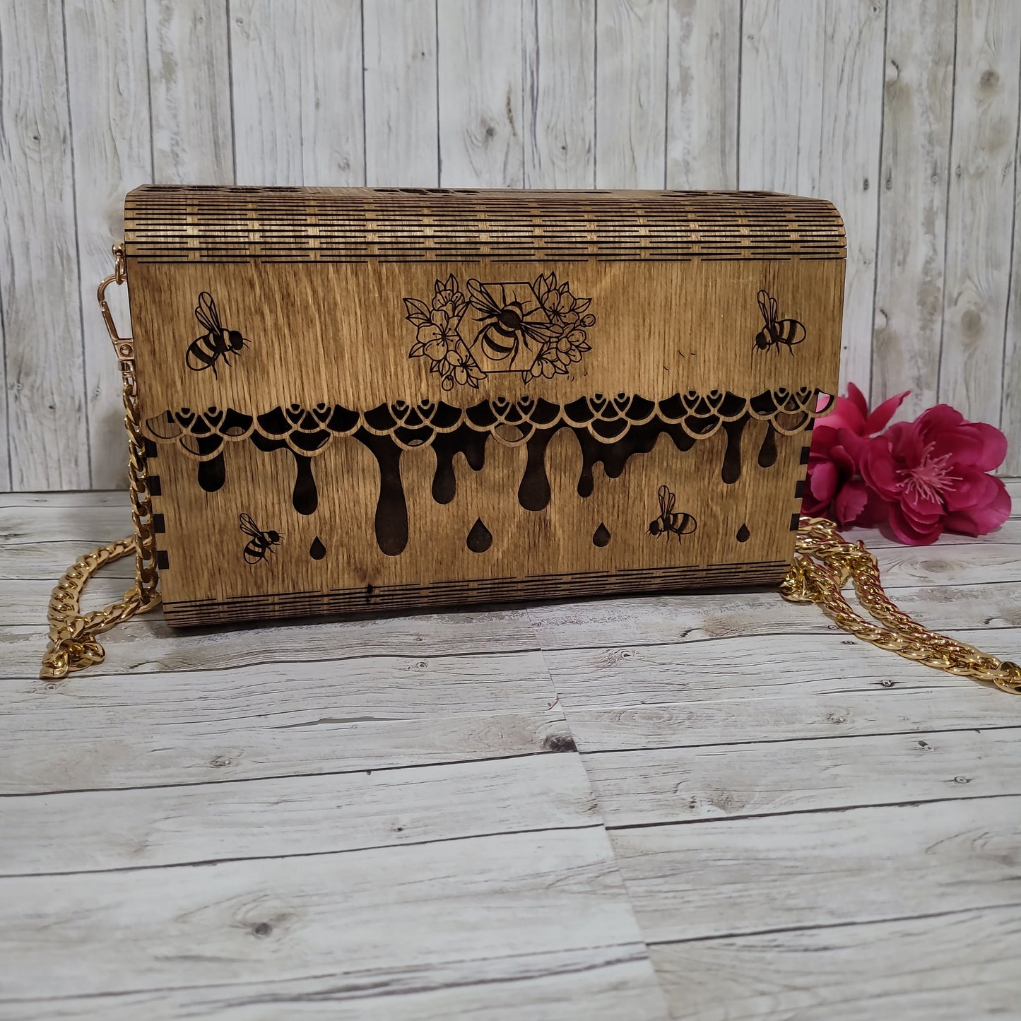 Wooden Engraved Bee Purse with Gold Chain Strap | Handmade Laser Engraved Clutch Bag